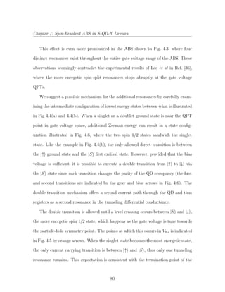 Chapter 4: Spin-Resolved ABS in S-QD-N Devices
This eﬀect is even more pronounced in the ABS shown in Fig. 4.3, where four
distinct resonances exist throughout the entire gate voltage range of the ABS. These
observations seemingly contradict the experimental results of Lee et al in Ref. [36],
where the more energetic spin-split resonances stops abruptly at the gate voltage
QPTs.
We suggest a possible mechanism for the additional resonances by carefully exam-
ining the intermediate conﬁguration of lowest energy states between what is illustrated
in Fig 4.4(a) and 4.4(b). When a singlet or a doublet ground state is near the QPT
point in gate voltage space, additional Zeeman energy can result in a state conﬁg-
uration illustrated in Fig. 4.6, where the two spin 1/2 states sandwich the singlet
state. Like the example in Fig. 4.4(b), the only allowed direct transition is between
the |↑ ground state and the |S ﬁrst excited state. However, provided that the bias
voltage is suﬃcient, it is possible to execute a double transition from |↑ to |↓ via
the |S state since each transition changes the parity of the QD occupancy (the ﬁrst
and second transitions are indicated by the gray and blue arrows in Fig. 4.6). The
double transition mechanism oﬀers a second current path through the QD and thus
registers as a second resonance in the tunneling diﬀerential conductance.
The double transition is allowed until a level crossing occurs between |S and |↓ ,
the more energetic spin 1/2 state, which happens as the gate voltage is tune towards
the particle-hole symmetry point. The points at which this occurs in VSG is indicated
in Fig. 4.5 by orange arrows. When the singlet state becomes the most energetic state,
the only current carrying transition is between |↑ and |S , thus only one tunneling
resonance remains. This expectation is consistent with the termination point of the
80
 