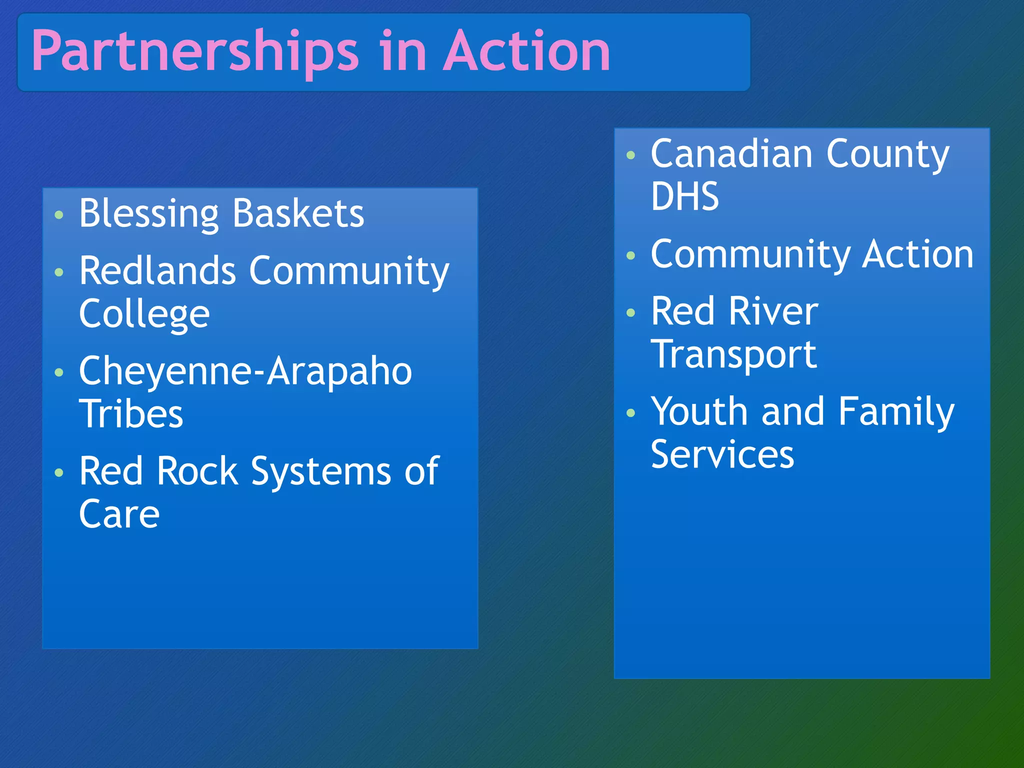 • Canadian County
DHS
• Community Action
• Red River
Transport
• Youth and Family
Services
Partnerships in Action
• Blessing Baskets
• Redlands Community
College
• Cheyenne-Arapaho
Tribes
• Red Rock Systems of
Care
 
