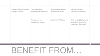BENEFIT FROM…
The right information from
the right sources.
Teams with local
knowledge & know-how.
Nationwide screening.
And reliable results.
High security and
compliance standards.
Customer-first focus. Wide ranging background
verification services for
corporates. And others.
Transparent and
competitive pricing.
 