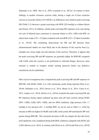 80
Sakamaki et al., 2008, Abe et al., 2010, Loenneke et al., 2011e). In contrast to these
findings, in another resistance exercise study, during a single set of knee extension
exercise to muscular failure (15% MVIC), no differences were found in peak exercising
HR (Table 2.1) between a group exercising with BFR (230 mmHg) or without (Kacin
and Strazar, 2011). In addition, similar peak exercising HR responses were seen during
two sets of bilateral knee extensions to muscular failure at 30% 1-RM with BFR via
elastic knee wraps (125 ± 22 bpm) compared with non-BFR (134 ± 22 bpm) (Loenneke
et al., 2012f). The contrasting observations for HR and BP between these
aforementioned studies are most likely due to the duration of the exercise bout (i.e.
multiple sets versus single set) and intensity of the exercise. Therefore, it appears that
the peak exercising HR and BP responses are generally higher for BFR-RE compared
with LLRE when the exercise is not performed to volitional fatigue. However, more
research is needed to compare similar training protocols before any definitive
conclusions can be established.
More recent investigations have compared the peak exercising HR and BP responses to
BFR-RE with HLRE (Table 2.1), with contrasting results being reported (Neto et al.,
2014b, Hollander et al., 2010, Downs et al., 2014, Okuno et al., 2014, Vieira et al.,
2012, Araújo et al., 2014). Downs et al., (2014) examined the peak exercising HR and
BP responses during supine unilateral leg press and calf raise exercise during HLRE
(80% 1-RM), LLRE (20% 1-RM), and two BFR conditions; high pressure (146 ± 2
mmHg) or low pressure (95 ± 2 mmHg) BFR. As can be seen in Table 2.1, while the
increase in HR was higher for HLRE and LLRE, both systolic BP and diastolic BP were
greater during BFR-RE. This increased elevation in BP was despite the fact that fewer
total repetitions were completed during both BFR conditions compared with HLRE and
LLRE (Downs et al., 2014). In contrast, both Poton et al., (2014) and Neto et al., (2014)
 