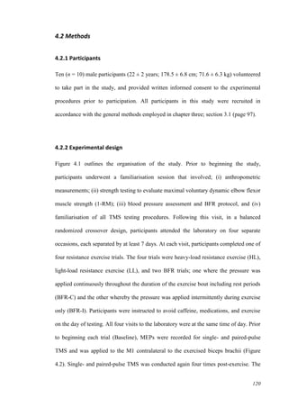 120
4.2 Methods
4.2.1 Participants
Ten (n = 10) male participants (22 ± 2 years; 178.5 ± 6.8 cm; 71.6 ± 6.3 kg) volunteered
to take part in the study, and provided written informed consent to the experimental
procedures prior to participation. All participants in this study were recruited in
accordance with the general methods employed in chapter three; section 3.1 (page 97).
4.2.2 Experimental design
Figure 4.1 outlines the organisation of the study. Prior to beginning the study,
participants underwent a familiarisation session that involved; (i) anthropometric
measurements; (ii) strength testing to evaluate maximal voluntary dynamic elbow flexor
muscle strength (1-RM); (iii) blood pressure assessment and BFR protocol, and (iv)
familiarisation of all TMS testing procedures. Following this visit, in a balanced
randomized crossover design, participants attended the laboratory on four separate
occasions, each separated by at least 7 days. At each visit, participants completed one of
four resistance exercise trials. The four trials were heavy-load resistance exercise (HL),
light-load resistance exercise (LL), and two BFR trials; one where the pressure was
applied continuously throughout the duration of the exercise bout including rest periods
(BFR-C) and the other whereby the pressure was applied intermittently during exercise
only (BFR-I). Participants were instructed to avoid caffeine, medications, and exercise
on the day of testing. All four visits to the laboratory were at the same time of day. Prior
to beginning each trial (Baseline), MEPs were recorded for single- and paired-pulse
TMS and was applied to the M1 contralateral to the exercised biceps brachii (Figure
4.2). Single- and paired-pulse TMS was conducted again four times post-exercise. The
 
