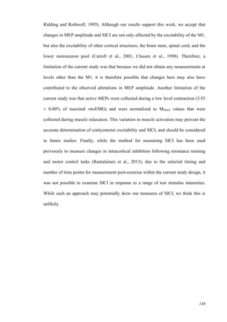 140
Ridding and Rothwell, 1995). Although our results support this work, we accept that
changes in MEP amplitude and SICI are not only affected by the excitability of the M1,
but also the excitability of other cortical structures, the brain stem, spinal cord, and the
lower motoneuron pool (Carroll et al., 2001, Classen et al., 1998). Therefore, a
limitation of the current study was that because we did not obtain any measurements at
levels other than the M1, it is therefore possible that changes here may also have
contributed to the observed alterations in MEP amplitude. Another limitation of the
current study was that active MEPs were collected during a low level contraction (3.93
± 0.40% of maximal rmsEMG) and were normalized to MMAX values that were
collected during muscle relaxation. This variation in muscle activation may prevent the
accurate determination of corticomotor excitability and SICI, and should be considered
in future studies. Finally, while the method for measuring SICI has been used
previously to measure changes in intracortical inhibition following resistance training
and motor control tasks (Rantalainen et al., 2013), due to the selected timing and
number of time points for measurement post-exercise within the current study design, it
was not possible to examine SICI in response to a range of test stimulus intensities.
While such an approach may potentially skew our measures of SICI, we think this is
unlikely.
 