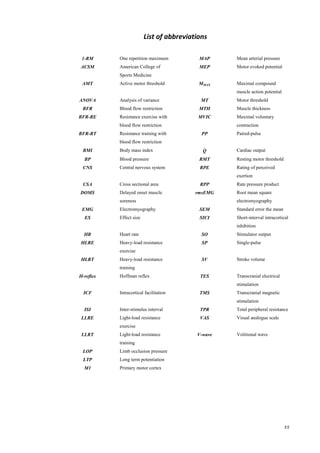 xx
List of abbreviations
1-RM One repetition maximum MAP Mean arterial pressure
ACSM American College of
Sports Medicine
MEP Motor evoked potential
AMT Active motor threshold MMAX Maximal compound
muscle action potential
ANOVA Analysis of variance MT Motor threshold
BFR Blood flow restriction MTH Muscle thickness
BFR-RE Resistance exercise with
blood flow restriction
MVIC Maximal voluntary
contraction
BFR-RT Resistance training with
blood flow restriction
PP Paired-pulse
BMI Body mass index Q̇ Cardiac output
BP Blood pressure RMT Resting motor threshold
CNS Central nervous system RPE Rating of perceived
exertion
CSA Cross sectional area RPP Rate pressure product
DOMS Delayed onset muscle
soreness
rmsEMG Root mean square
electromyography
EMG Electromyography SEM Standard error the mean
ES Effect size SICI Short-interval intracortical
inhibition
HR Heart rate SO Stimulator output
HLRE Heavy-load resistance
exercise
SP Single-pulse
HLRT Heavy-load resistance
training
SV Stroke volume
H-reflex Hoffman reflex TES Transcranial electrical
stimulation
ICF Intracortical facilitation TMS Transcranial magnetic
stimulation
ISI Inter-stimulus interval TPR Total peripheral resistance
LLRE Light-load resistance
exercise
VAS Visual analogue scale
LLRT Light-load resistance
training
V-wave Volitional wave
LOP Limb occlusion pressure
LTP Long term potentiation
M1 Primary motor cortex
 