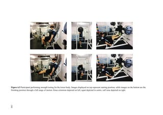 188
Figure 6.5 Participant performing strength testing for the lower-body. Images displayed on top represent starting position, while images on the bottom are the
finishing position through a full range of motion. Knee extension depicted on left, squat depicted in centre, calf raise depicted on right.
188
 