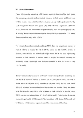 198
6.3.2.2 Muscle thickness
Figure 6.8 shows the normalized MTH changes across the duration of the study period
for each group. Absolute and normalized measures for both upper- and lower-body
MTH at baseline were not different between groups, except for biceps brachii whereby
CON was greater than all other groups (P ≤ 0.01). Overall, a significant GROUP x
WEEK interaction was observed for biceps brachii (P ≤ 0.01) and quadriceps (P ≤ 0.05)
MTH only. There were no changes observed for any MTH parameters for CON across
the duration of the study (all P ≥ 0.05).
For both absolute and normalized quadriceps MTH, there was a significant increase at
week 8 relative to baseline for HL-T (14.4%; small) and LL-T (9.8%; trivial). In
addition, both absolute and normalized biceps brachii MTH was also significantly
increased at week 8 relative to baseline for HL-T only (11.5%; small). Following the
de-training period, quadriceps MTH remained elevated at week 12 for HL-T only
(11.5%; small).
There were main effects detected for WEEK whereby triceps brachii, hamstring, and
calf MTH all increased relative to baseline (all P ≤ 0.01; trivial-small). At week 8,
triceps brachii MTH (mean 6.2%), hamstring MTH (mean 7.5%), and calf MTH (mean
5.9%) all increased relative to baseline when the data was grouped. There was also a
trend for pectoralis major MTH to be increased at week 8 relative to baseline (mean
5.9%), but this was not significant (P = 0.063; trivial-small). Following the de-training
period, triceps brachii MTH (mean 5.9%), hamstrings MTH (mean 7.8%), and calf
MTH (mean 4.5%) remained higher at week 12 in comparison with baseline.
 