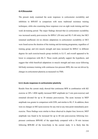 210
6.4 Discussion
The present study examined the acute responses in corticomotor excitability and
inhibition to BFR-RT in comparison with more traditional resistance training
techniques, while also examining these responses over an eight week training and four
week de-training period. The major findings showed that (i) corticomotor excitability
was increased acutely post-exercise for BFR-C (30 min) and HL-T (60 min), but SICI
remained unaffected; (ii) no chronic adaptations in corticomotor excitability or SICI
were found across the duration of the training and de-training programme, regardless of
training group; and (iii) muscle strength and mass increased for BFR-C to different
degrees for each exercise/muscle group similarly to LL-T, and overall appeared to be
lower in comparison with HL-T. These results partially support the hypothesis, and
suggest that while beneficial adaptations in muscle strength and mass occur following
full-body resistance training with continuous low-pressure BFR, this was not driven by
changes in corticomotor plasticity as measured via TMS.
6.4.1 Acute responses in corticomotor plasticity
Results from the current study showed that continuous BFR in combination with KE
exercise at 20% 1-RM rapidly increased MEP amplitude (at 5 min post-exercise) and
remained elevated for up to 30 minutes post-exercise. The acute increase in MEP
amplitude was greater in comparison with CON, and similar to HL-T. In addition, there
were no changes in SICI post-exercise for any trial at any time-point immediately post-
exercise. These findings were similar to those observed in chapter four; however, MEP
amplitude was found to be increased for up to 60 min post-exercise following low-
pressure continuous BFR-RE of the upper-body compared with a 30 min increase
following BFR-RE of the lower-body in the current study. It is likely that the
 