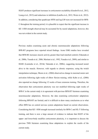 214
HLRT produces significant increases in corticomotor excitability (Goodwill et al., 2012,
Leung et al., 2015) and reductions in inhibition (Latella et al., 2012, Weier et al., 2012).
In addition, considering that quadriceps MTH and leg-LM were not increased for BFR-
C throughout the training period, it is plausible to expect that the significant increase in
KE 1-RM strength observed may be accounted for by neural adaptations, however, this
was not evident in the current study.
Previous studies examining acute and chronic neuromuscular adaptations following
BFR-RT programs have reported mixed findings. Acute EMG studies have revealed
that BFR-RE increases muscle activity greater than load matched controls (Takarada et
al., 2000c, Yasuda et al., 2006, Moritani et al., 1992, Yasuda et al., 2009), and similar to
HLRE (Loenneke et al., 2014d, Takarada et al., 2000c), suggesting increased neural
drive to the muscle. However, with regards to chronic responses, using the twitch
interpolation technique, Moore et al., (2004) observed no change in maximal motor unit
activation following eight weeks of elbow flexion training, while Kubo et al., (2006)
also reported no change following 12 weeks of knee extension training. Therefore, the
observation that corticomotor plasticity was not modified following eight weeks of
BFR-C in the current study is in agreement with previous BFR-RT literature examining
neuromuscular adaptations. However, the data examining corticomotor adaptations
following BFR-RT are limited, and it is difficult to draw many conclusions as to what
effect BFR has on central nervous system adaptations based on current observations.
Considering that KE 1-RM strength increased similarly for BFR-C and HL-T following
training, and there is now a large amount of evidence to indicate that HLRT of the
upper- and lower-body modifies corticomotor plasticity, it is important to discuss the
previous TMS literature examining these adaptations to explain the results of the
current study.
 