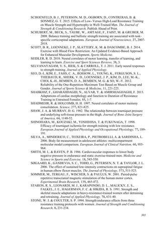 303
SCHOENFELD, B. J., PETERSON, M. D., OGBORN, D., CONTRERAS, B. &
SONMEZ, G. T. 2015. Effects of Low- Versus High-Load Resistance Training
on Muscle Strength and Hypertrophy in Well-Trained Men. The Journal of
Strength & Conditioning Research, Publish Ahead of Print.
SCHUBERT, M., BECK, S., TAUBE, W., AMTAGE, F., FAIST, M. & GRUBER, M.
2008. Balance training and ballistic strength training are associated with task‐
specific corticospinal adaptations. European Journal of Neuroscience, 27, 2007-
2018.
SCOTT, B. R., LOENNEKE, J. P., SLATTERY, K. M. & DASCOMBE, B. J. 2014.
Exercise with Blood Flow Restriction: An Updated Evidence-Based Approach
for Enhanced Muscular Development. Sports Medicine.
SEIDLER, R. D. 2010. Neural correlates of motor learning, transfer of learning, and
learning to learn. Exercise and Sport Sciences Reviews, 38, 3.
SELVANAYAGAM, V. S., RIEK, S. & CARROLL, T. J. 2011. Early neural responses
to strength training. Journal of Applied Physiology.
SEO, D.-I., KIM, E., FAHS, C. A., ROSSOW, L., YOUNG, K., FERGUSON, S. L.,
THIEBAUD, R., SHERK, V. D., LOENNEKE, J. P., KIM, D., LEE, M.-K.,
CHOI, K.-H., BEMBEN, D. A., BEMBEN, M. G. & SO, W.-Y. 2012.
Reliability of the One-Repetition Maximum Test Based on Muscle Group and
Gender. Journal of Sports Science & Medicine, 11, 221-225.
SHABKHIZ, F., GHARAHDAGHI, N., ALVAR, Y. & AMIRSHAGHAGHI, F. 2013.
Adaptations of cardiac morphology and function to Duration of Resistance
Training in Untrained Females. 85, 1-7.
SHADMEHR, R. & HOLCOMB, H. H. 1997. Neural correlates of motor memory
consolidation. Science, 277, 821-825.
SHAW, J. A. & MURRAY, D. G. 1982. The relationship between tourniquet pressure
and underlying soft-tissue pressure in the thigh. Journal of Bone Joint Surgery
of America, 64, 1148-52.
SHINOHARA, M., KOUZAKI, M., YOSHIHISA, T. & FUKUNAGA, T. 1998.
Efficacy of tourniquet ischemia for strength training with low resistance.
European Journal of Applied Physiology and Occupational Physiology, 77, 189-
191.
SILVA, A., MINDERICO, C., TEIXEIRA, P., PIETROBELLI, A. & SARDINHA, L.
2006. Body fat measurement in adolescent athletes: multicompartment
molecular model comparison. European Journal of Clinical Nutrition, 60, 955-
964.
SMITH, M. L. & RAVEN, P. B. 1986. Cardiovascular responses to lower body
negative pressure in endurance and static exercise-trained men. Medicine and
Science in Sports and Exercise, 18, 545-550.
SØGAARD, K., GANDEVIA, S. C., TODD, G., PETERSEN, N. T. & TAYLOR, J. L.
2006. The effect of sustained low-intensity contractions on supraspinal fatigue
in human elbow flexor muscles. The Journal of Physiology, 573, 511-523.
SOMMER, M., TERGAU, F., WISCHER, S. & PAULUS, W. 2001. Paired-pulse
repetitive transcranial magnetic stimulation of the human motor cortex.
Experimental Brain Research, 139, 465-472.
STARON, R. S., LEONARDI, M. J., KARAPONDO, D. L., MALICKY, E. S.,
FALKEL, J. E., HAGERMAN, F. C. & HIKIDA, R. S. 1991. Strength and
skeletal muscle adaptations in heavy-resistance-trained women after detraining
and retraining. Journal of Applied Physiology, 70, 631-40.
STONE, W. J. & COULTER, S. P. 1994. Strength/endurance effects from three
resistance training protocols with women. Journal of Strength and Conditioning
Research, 8, 231-234.
 