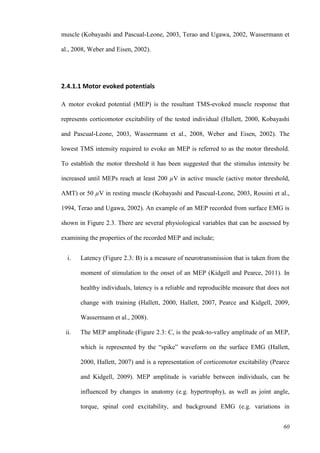 60
muscle (Kobayashi and Pascual-Leone, 2003, Terao and Ugawa, 2002, Wassermann et
al., 2008, Weber and Eisen, 2002).
2.4.1.1 Motor evoked potentials
A motor evoked potential (MEP) is the resultant TMS-evoked muscle response that
represents corticomotor excitability of the tested individual (Hallett, 2000, Kobayashi
and Pascual-Leone, 2003, Wassermann et al., 2008, Weber and Eisen, 2002). The
lowest TMS intensity required to evoke an MEP is referred to as the motor threshold.
To establish the motor threshold it has been suggested that the stimulus intensity be
increased until MEPs reach at least 200 µV in active muscle (active motor threshold,
AMT) or 50 µV in resting muscle (Kobayashi and Pascual-Leone, 2003, Rossini et al.,
1994, Terao and Ugawa, 2002). An example of an MEP recorded from surface EMG is
shown in Figure 2.3. There are several physiological variables that can be assessed by
examining the properties of the recorded MEP and include;
i. Latency (Figure 2.3: B) is a measure of neurotransmission that is taken from the
moment of stimulation to the onset of an MEP (Kidgell and Pearce, 2011). In
healthy individuals, latency is a reliable and reproducible measure that does not
change with training (Hallett, 2000, Hallett, 2007, Pearce and Kidgell, 2009,
Wassermann et al., 2008).
ii. The MEP amplitude (Figure 2.3: C, is the peak-to-valley amplitude of an MEP,
which is represented by the “spike” waveform on the surface EMG (Hallett,
2000, Hallett, 2007) and is a representation of corticomotor excitability (Pearce
and Kidgell, 2009). MEP amplitude is variable between individuals, can be
influenced by changes in anatomy (e.g. hypertrophy), as well as joint angle,
torque, spinal cord excitability, and background EMG (e.g. variations in
 