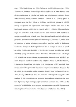 69
et al., 1993b, Brasil-Neto et al., 1993a, Vallence et al., 2012, Ziemann et al., 1998a,
Ziemann et al., 1998b) or pharmacological blockade (Weiss et al., 2004). Of note, none
of these studies used an exercise intervention, and only examined responses during
and/or following resting ischemic conditions. Ziemann et al., (1998a) applied a
tourniquet across the elbow (distal to the biceps brachii) to a pressure of 200-250
mmHg. This pressure was kept constant until complete ischemic nerve block to the
hand muscle (abductor pollicis brevis) was achieved (31.7 ± 3.8 min). When tested with
single and paired-pulse TMS, ischemia led to a rapid increase in MEP amplitude in
muscles proximal to the ischemic nerve block (biceps brachii), and this effect was
present for at least 60 min after deflation of the tourniquet (Ziemann et al., 1998a). Due
to limitations in testing techniques, some authors have been unable to distinguish
whether the changes in MEP amplitude were due to changes in cortical or spinal
excitability (Ridding and Rothwell, 1997). However, because subcortical and spinal
excitability (using transcranial electrical stimulation, and H-reflexes) did not change
with ischemia, the current evidence suggests that the changes detected with TMS are
due to changes in excitability confined to the M1 (Brasil-Neto et al., 1993b). Therefore,
it appears that the rapid and long lasting (≥ 60 min) increase in MEP amplitude from
muscles immediately proximal to the external compression cuff reflect changes in the
excitability or representation of these muscles at the level of the M1 (Brasil-Neto et al.,
1993b, Ridding and Rothwell, 1995). The increase in MEP amplitude is suggested to be
mediated by the strengthening (e.g. long term potentiation) or weakening (e.g. long
term depression) of pre-existing synaptic connections (Ziemann et al., 1998b), or the
removal of local inhibition of corticomotor neurons that are responsible for movement
in the target muscle proximal to the external pressure cuff (Ziemann et al., 1998a).
 