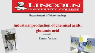Department of biotechnology
Industrial production of chemical acids:
glutamic acid
presented by
Essam Yahya
 