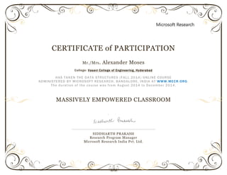 CERTIFICATE of PARTICIPATION
Mr./Mrs. Alexander Moses
College: Vasavi College of Engineering, Hyderabad
HAS TAKEN THE DATA STRUCTURES (FALL 2014) ONLINE COURSE
ADMINISTERED BY MICROSOFT RESEARCH, BANGALORE, INDIA AT WWW.MECR.ORG.
The duration of the course was from August 2014 to December 2014.
MASSIVELY EMPOWERED CLASSROOM
SIDDHARTH PRAKASH
Research Program Manager
Microsoft Research India Pvt. Ltd.
 