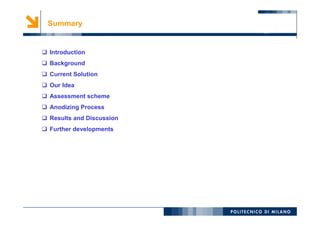 2
Summary
 Introduction
 Background
 Current Solution
 Our Idea
 Assessment scheme
 Anodizing Process
 Results and Discussion
 Further developments
 