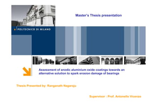 LABORATORY OF BIOLOGICAL STRUCTURE MECHANICS
www.labsmech.polimi.it
Master’s Thesis presentation
Assessment of anodic aluminium oxide coatings towards an
alternative solution to spark erosion damage of bearings
Thesis Presented by: Ranganath Nagaraju
Supervisor : Prof. Antonello Vicenzo
 