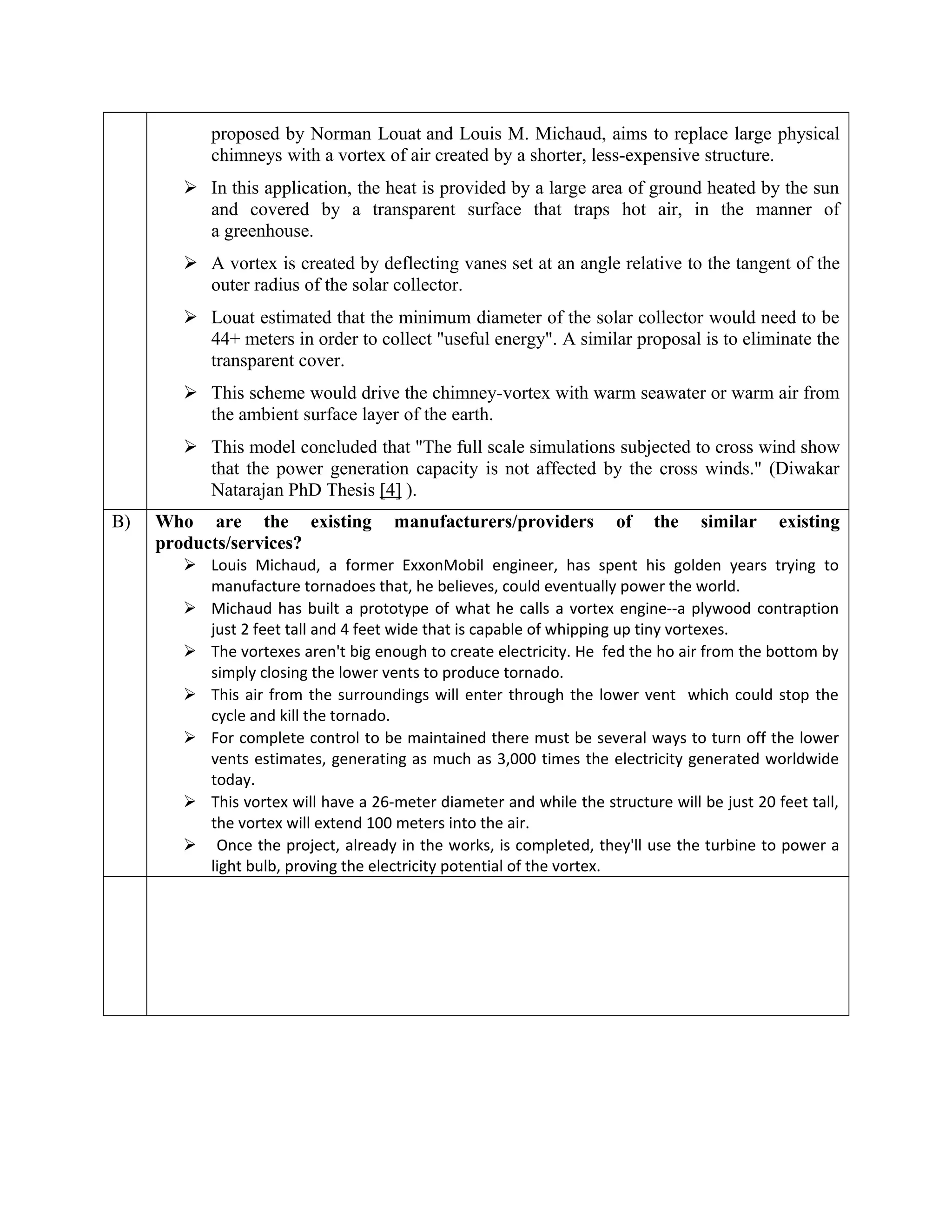 proposed by Norman Louat and Louis M. Michaud, aims to replace large physical
chimneys with a vortex of air created by a shorter, less-expensive structure.
 In this application, the heat is provided by a large area of ground heated by the sun
and covered by a transparent surface that traps hot air, in the manner of
a greenhouse.
 A vortex is created by deflecting vanes set at an angle relative to the tangent of the
outer radius of the solar collector.
 Louat estimated that the minimum diameter of the solar collector would need to be
44+ meters in order to collect "useful energy". A similar proposal is to eliminate the
transparent cover.
 This scheme would drive the chimney-vortex with warm seawater or warm air from
the ambient surface layer of the earth.
 This model concluded that "The full scale simulations subjected to cross wind show
that the power generation capacity is not affected by the cross winds." (Diwakar
Natarajan PhD Thesis [4] ).
B) Who are the existing manufacturers/providers of the similar existing
products/services?
 Louis Michaud, a former ExxonMobil engineer, has spent his golden years trying to
manufacture tornadoes that, he believes, could eventually power the world.
 Michaud has built a prototype of what he calls a vortex engine--a plywood contraption
just 2 feet tall and 4 feet wide that is capable of whipping up tiny vortexes.
 The vortexes aren't big enough to create electricity. He fed the ho air from the bottom by
simply closing the lower vents to produce tornado.
 This air from the surroundings will enter through the lower vent which could stop the
cycle and kill the tornado.
 For complete control to be maintained there must be several ways to turn off the lower
vents estimates, generating as much as 3,000 times the electricity generated worldwide
today.
 This vortex will have a 26-meter diameter and while the structure will be just 20 feet tall,
the vortex will extend 100 meters into the air.
 Once the project, already in the works, is completed, they'll use the turbine to power a
light bulb, proving the electricity potential of the vortex.
 