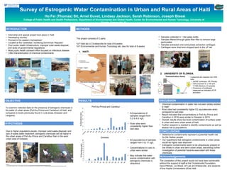 METHODS
Survey of Estrogenic Water Contamination in Urban and Rural Areas of Haiti
• Internship and special project took place in Haiti
• Developing country1
• Poorest in the western hemisphere1
• Located at the Caribbean, bordering Dominican Republic1
• Poor public health infrastructure, improper solid waste disposal,
and lacks of governmental regulations
• Most public health outreach effort focused on infectious disease
• Little characterization of chemical contaminants
Due to higher populations levels, improper solid waste disposal, and
lack of waste water treatment, estrogenic chemicals will be higher in
the urban areas of Port-Au-Prince and Carrefour than in the semi
urban area of Gressier.
The completion of this project would not have been achievable
without the support of staff at the Christianville Foundation,
Dave Pittman, Liz Wood, UF Lab at Christianville, and students
of the Hopital Universitaire d'Etat Haiti.
College of Public Health and Health Professions, Department of Environmental and Global Health, Center for Environmental and Human Toxicology, University of
Florida, Gainesville, FL
• Samples collected in 1 liter glass bottle
• Samples filtered through glass fiber filter to remove large
particulates
• Samples extracted onto solid phase extraction cartilages
• Cartilages were dried and shipped back to the UF lab
2. UNIVERSITY OF FLORIDA
Ho Fei (Thomas) Sit, Arnel Duvet, Lindsey Jackson, Sarah Robinson, Joseph Bisesi
To examine collected data on the presence of estrogenic chemicals in
the water of urban areas (Port-Au-Prince and Carrefour) of Haiti, and
compares to levels previously found in rural areas (Gressier and
Leogane).
OBJECTIVE
Transactivation Assay • 3 plasmids are inserted into HEK
cells
• 2xERE luciferase, ER, Renilla
• Cells exposed to 1:100 and
1:1000 dilutions of samples
• Production of luciferase
measured as indicator of ER
activation
Acknowledgements
References:
1. Central Intelligence Agency. (2016). The World Factbook: Haiti. Retrieved from: https://www.cia.gov/library/publications/the-world-factbook/geos/ha.html
2. The World Health Organization. (2007). Chemical safety of drinking-water: Assessing priorities for risk management. Retrieved from: http://apps.who.int/iris/bitstream/10665/43285/1/9789241546768_eng.pdf
RESULTS
The project consists of 2 parts:
•UF Haiti lab in Christianville for total of 6 weeks
•UF Environmental and Human Toxicology lab, also for total of 6 weeks
1. HAITI
• Chemical contamination in water has not been widely studied
in Haiti2
• River sites had consistently higher E2 equivalencies when
compared to well sites
• Result indicated that concentrations in Port-Au-Prince and
Carrefour in 2016 were similar to Gressier in 2015
• Overall, results show low level contamination of surface water
in urban and semi urban areas of Haiti
• Further research is needed to identify contaminants as well as
assess risk to populations
• E2 equivalence of
samples ranged from
0.2 to 6.6 ng/L
• River sites were
consistently higher than
well sites
• E2 equivalence of samples
ranged from 0 to 17 ng/L
• Concentrations in rural vs.
urban were similar
• May indicate that water
source contamination with
estrogenic chemicals is
ubiquitous
Port-Au-Prince and Carrefour
Gressier
• Waterborne contaminants represent a potential health risk
for the Haitian people
• Our hypothesis that estrogenic contaminants in urban areas
would be higher was disproven
• Estrogenic contaminants seem to be ubiquitously present at
low levels in urban and semi-urban areas, warranting further
investigation of potential hazards associated with these
chemicals
 