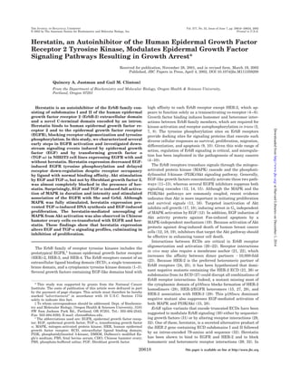 THE JOURNAL OF BIOLOGICAL CHEMISTRY Vol. 277, No. 23, Issue of June 7, pp. 20618–20624, 2002 
© 2002 by The American Society for Biochemistry and Molecular Biology, Inc. Printed in U.S.A. 
Herstatin, an Autoinhibitor of the Human Epidermal Growth Factor 
Receptor 2 Tyrosine Kinase, Modulates Epidermal Growth Factor 
Signaling Pathways Resulting in Growth Arrest* 
Received for publication, November 28, 2001, and in revised form, March 19, 2002 
Published, JBC Papers in Press, April 4, 2002, DOI 10.1074/jbc.M111359200 
Quincey A. Justman and Gail M. Clinton‡ 
From the Department of Biochemistry and Molecular Biology, Oregon Health & Sciences University, 
Portland, Oregon 97201 
Herstatin is an autoinhibitor of the ErbB family con-sisting 
of subdomains I and II of the human epidermal 
growth factor receptor 2 (ErbB-2) extracellular domain 
and a novel C-terminal domain encoded by an intron. 
Herstatin binds to human epidermal growth factor re-ceptor 
2 and to the epidermal growth factor receptor 
(EGFR), blocking receptor oligomerization and tyrosine 
phosphorylation. In this study, we characterized several 
early steps in EGFR activation and investigated down-stream 
signaling events induced by epidermal growth 
factor (EGF) and by transforming growth factor ! 
(TGF-!) in NIH3T3 cell lines expressing EGFR with and 
without herstatin. Herstatin expression decreased EGF-induced 
EGFR tyrosine phosphorylation and delayed 
receptor down-regulation despite receptor occupancy 
by ligand with normal binding affinity. Akt stimulation 
by EGF and TGF-!, but not by fibroblast growth factor 2, 
was almost completely blocked in the presence of her-statin. 
Surprisingly, EGF and TGF-! induced full activa-tion 
of MAPK in duration and intensity and stimulated 
association of the EGFR with Shc and Grb2. Although 
MAPK was fully stimulated, herstatin expression pre-vented 
TGF-!-induced DNA synthesis and EGF-induced 
proliferation. The herstatin-mediated uncoupling of 
MAPK from Akt activation was also observed in Chinese 
hamster ovary cells co-transfected with EGFR and her-statin. 
These findings show that herstatin expression 
alters EGF and TGF-! signaling profiles, culminating in 
inhibition of proliferation. 
The ErbB family of receptor tyrosine kinases includes the 
prototypical EGFR,1 human epidermal growth factor receptor 
(HER)-2, HER-3, and HER-4. The ErbB receptors consist of an 
extracellular ligand binding domain (ECD), a single transmem-brane 
domain, and a cytoplasmic tyrosine kinase domain (1–3). 
Several growth factors containing EGF-like domains bind with 
high affinity to each ErbB receptor except HER-2, which ap-pears 
to function solely as a transactivating co-receptor (4–6). 
Growth factor binding induces homomer and heteromer inter-actions 
between ErbB family members, which are required for 
kinase activation and receptor autophosphorylation in trans (2, 
7, 8). The tyrosine phosphorylation sites on ErbB receptors 
provide docking sites for signaling proteins that execute such 
diverse cellular responses as survival, proliferation, migration, 
differentiation, and apoptosis (9, 10). Given this wide range of 
action, regulation of ErbB signaling is critical, and misregula-tion 
has been implicated in the pathogenesis of many cancers 
(4 –10). 
The ErbB receptors transduce signals through the mitogen-activated 
protein kinase (MAPK) cascade and the phosphati-dylinositol 
3-kinase (PI3K)/Akt signaling pathway. Generally, 
EGF-like growth factors concomitantly activate these two path-ways 
(11–13), whereas several EGFR inhibitors suppress both 
signaling cascades (12, 14, 15). Although the MAPK and the 
PI3K/Akt pathways are commonly coupled, recent evidence 
indicates that Akt is more important in initiating proliferation 
and survival signals (11, 16). Targeted inactivation of Akt 
inhibits cell growth (17, 18), inducing arrest in G1 independent 
of MAPK activation by EGF (12). In addition, EGF induction of 
Akt activity protects against Fas-induced apoptosis by a 
MAPK-independent mechanism (19). Because activation of Akt 
protects against drug-induced death of human breast cancer 
cells (12, 18, 19), inhibitors that target the Akt pathway should 
be effective in enhancing tumor cell death. 
Interactions between ECDs are critical in ErbB receptor 
oligomerization and activation (20–22). Receptor interactions 
in vivo may also require a membrane anchor (21, 22), which 
increases the affinity between dimer partners !10,000-fold 
(23). Because HER-2 is the preferred heteromeric partner of 
ErbB receptors (24, 25), it has been hypothesized that domi-nant 
negative mutants containing the HER-2 ECD (21, 26) or 
subdomains from its ECD (27) could disrupt all combinations of 
ErbB receptor interactions. Indeed, a mutant missing most of 
the cytoplasmic domain of p185neu blocks formation of HER-2 
homodimers (28), HER-2/EGFR heteromers (15, 27, 28), and 
HER-2 association with HER-3 (29). This p185neu dominant 
negative mutant also suppresses EGF-mediated activation of 
both MAPK and PI3K/Akt (15, 28). 
ErbB splice variants that encode truncated ECDs have been 
suggested to modulate ErbB signaling (30) either by sequester-ing 
growth factors (31) or by altering receptor interactions (29, 
32). One of these, herstatin, is a secreted alternative product of 
the HER-2 gene containing ECD subdomains I and II followed 
by an intron-encoded 79-amino acid sequence (32). Herstatin 
has been shown to bind to EGFR and HER-2 and to block 
homomeric and heteromeric receptor interactions (29, 32). In 
* This study was supported by grants from the National Cancer 
Institute. The costs of publication of this article were defrayed in part 
by the payment of page charges. This article must therefore be hereby 
marked “advertisement” in accordance with 18 U.S.C. Section 1734 
solely to indicate this fact. 
‡ To whom correspondence should be addressed: Dept. of Biochemis-try 
and Molecular Biology, Oregon Health & Sciences University, 3181 
SW Sam Jackson Park Rd., Portland, OR 97201. Tel.: 503-494-2543; 
Fax: 503-494-8393; E-mail: clinton@ohsu.edu. 
1 The abbreviations used are: EGFR, epidermal growth factor recep-tor; 
EGF, epidermal growth factor; TGF-!, transforming growth factor 
!; MAPK, mitogen-activated protein kinase; HER, human epidermal 
growth factor receptor; ECD, extracellular ligand binding domain; 
PI3K, phosphatidylinositol 3-kinase; DMEM, Dulbecco’s modified Ea-gle’s 
medium; FBS, fetal bovine serum; CHO, Chinese hamster ovary; 
PBS, phosphate-buffered saline; FGF, fibroblast growth factor. 
20618 This paper is available on line at http://www.jbc.org 
Downloaded from http://www.jbc.org/ at Harvard Libraries on December 1, 2014 
 