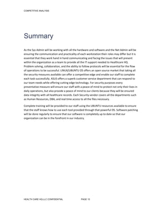 COMPETITIVE ANALYSIS
Summary
As the Sys Admin will be working with all the hardware and software and the Net Admin will be
ensuring the communication and practicality of each workstation their roles may differ but it is
essential that they work hand in hand communicating and facing the issues that will present
within the organization as a team to provide all the IT support needed to Healthcare HQ.
Problem solving, collaboration, and the ability to follow protocols will be essential for the flow
of operations to be successful. LINUX/UBUNTU OS offers an open source market that taking all
the security measures available can offer a competitive edge and enable our staff to complete
each task successfully. ASUS offers a superb customer service department that can respond to
our team needs while offering cutting edge technology. For security purposes every
preventative measure will ensure our staff with a peace of mind to protect not only their lives in
daily operations, but also provide a peace of mind to our clients because they will be ensured
data integrity with all healthcare records. Each Security vendor covers all the departments such
as Human Resources, DBA, and real time access to all the files necessary.
Complete training will be provided to our staff using the UBUNTU resources available to ensure
that the staff knows how to use each tool provided through that powerful OS. Software patching
will be done regularly to ensure that our software is completely up to date so that our
organization can be in the forefront in our industry.
HEALTH CARE HQ.LLC CONFIDENTIAL PAGE 15
 
