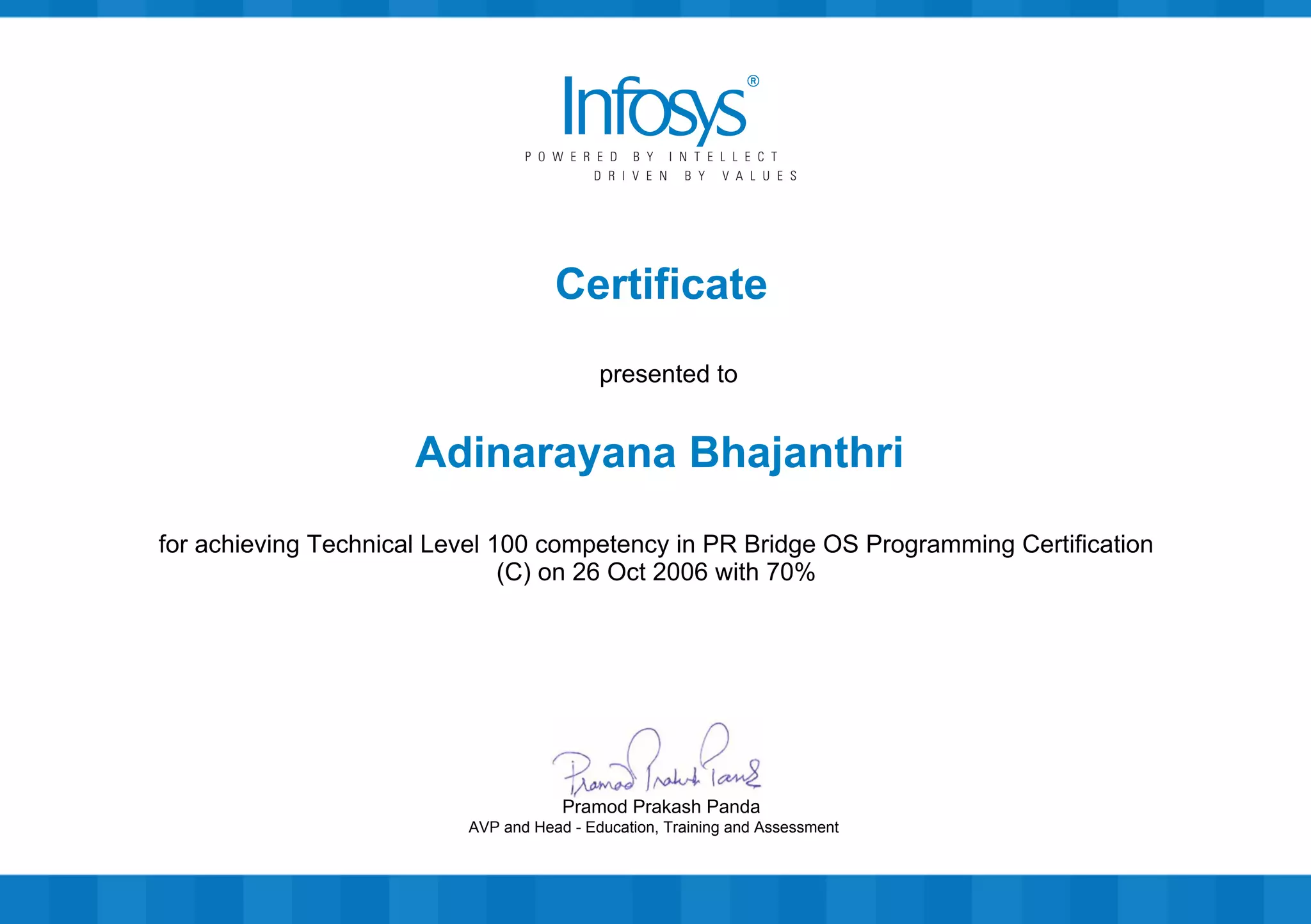 Certificate
presented to
Adinarayana Bhajanthri
for achieving Technical Level 100 competency in PR Bridge OS Programming Certification
(C) on 26 Oct 2006 with 70%
AVP and Head - Education, Training and Assessment
Pramod Prakash Panda