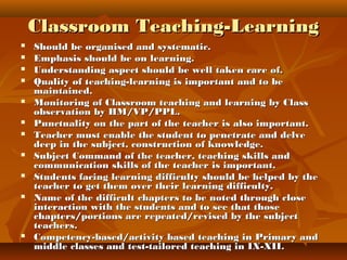 Classroom Teaching-LearningClassroom Teaching-Learning
 Should be organised and systematic.Should be organised and systematic.
 Emphasis should be on learning.Emphasis should be on learning.
 Understanding aspect should be well taken care of.Understanding aspect should be well taken care of.
 Quality of teaching-learning is important and to beQuality of teaching-learning is important and to be
maintained.maintained.
 Monitoring of Classroom teaching and learning by ClassMonitoring of Classroom teaching and learning by Class
observation by HM/VP/PPL.observation by HM/VP/PPL.
 Punctuality on the part of the teacher is also important.Punctuality on the part of the teacher is also important.
 Teacher must enable the student to penetrate and delveTeacher must enable the student to penetrate and delve
deep in the subject, construction of knowledge.deep in the subject, construction of knowledge.
 Subject Command of the teacher, teaching skills andSubject Command of the teacher, teaching skills and
communication skills of the teacher is important.communication skills of the teacher is important.
 Students facing learning difficulty should be helped by theStudents facing learning difficulty should be helped by the
teacher to get them over their learning difficulty.teacher to get them over their learning difficulty.
 Name of the difficult chapters to be noted through closeName of the difficult chapters to be noted through close
interaction with the students and to see that thoseinteraction with the students and to see that those
chapters/portions are repeated/revised by the subjectchapters/portions are repeated/revised by the subject
teachers.teachers.
 Competency-based/activity based teaching in Primary andCompetency-based/activity based teaching in Primary and
middle classes and test-tailored teaching in IX-XII.middle classes and test-tailored teaching in IX-XII.
 