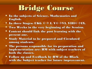 Bridge CourseBridge Course
 In the subjects of Science, Mathematics andIn the subjects of Science, Mathematics and
English.English.
 In three Stages: UKGIn three Stages: UKG  I, VI, VVI, VIIIVI, VIIIIX.IX.
 Two Weeks in the very beginning of the Session.Two Weeks in the very beginning of the Session.
 Content should link the past learning with theContent should link the past learning with the
present one.present one.
 Study Material to be prepared and CirculatedStudy Material to be prepared and Circulated
among students.among students.
 The persons responsible for its preparation andThe persons responsible for its preparation and
implementation are: HM with subject teachers ofimplementation are: HM with subject teachers of
both the classes.both the classes.
 Follow up and Feedback by HM of the BlockFollow up and Feedback by HM of the Block
with the Subject teacher for future improvement.with the Subject teacher for future improvement.
 