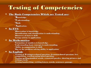 Testing of CompetenciesTesting of Competencies
 The Basic Competencies Which are Tested areThe Basic Competencies Which are Tested are::
*K*Knowledge.nowledge.
*U*Understanding.nderstanding.
*S*Skill.kill.
*A*Application.pplication.
 In EVSIn EVS::
*Observation is knowledge.*Observation is knowledge.
*Identification and classification is understanding.*Identification and classification is understanding.
*Discovery of facts is skill.*Discovery of facts is skill.
*Group activity is application.*Group activity is application.
 In MathematicsIn Mathematics::
*Formation of numbers is knowledge.*Formation of numbers is knowledge.
*Understanding basic concepts is understanding.*Understanding basic concepts is understanding.
*Ability in computation is skill.*Ability in computation is skill.
*Day to day problem solving ability is application.*Day to day problem solving ability is application.
 In EnglishIn English::
*Testing of Writing-text-based question, Grammar-based question, free*Testing of Writing-text-based question, Grammar-based question, free
composition, word-meaning based question.composition, word-meaning based question.
*Testing spelling-jumbled words, crossword puzzles, showing pictures and*Testing spelling-jumbled words, crossword puzzles, showing pictures and
writing words.writing words.
*Testing handwriting - writing letters, words, sentences, passage.*Testing handwriting - writing letters, words, sentences, passage.
 