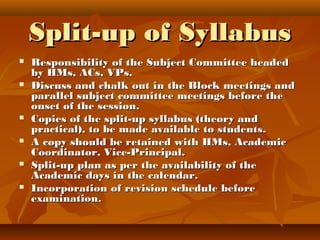Split-up of SyllabusSplit-up of Syllabus
 Responsibility of the Subject Committee headedResponsibility of the Subject Committee headed
by HMs, ACs, VPs.by HMs, ACs, VPs.
 Discuss and chalk out in the Block meetings andDiscuss and chalk out in the Block meetings and
parallel subject committee meetings before theparallel subject committee meetings before the
onset of the session.onset of the session.
 Copies of the split-up syllabus (theory andCopies of the split-up syllabus (theory and
practical), to be made available to students.practical), to be made available to students.
 A copy should be retained with HMs, AcademicA copy should be retained with HMs, Academic
Coordinator, Vice-Principal.Coordinator, Vice-Principal.
 Split-up plan as per the availability of theSplit-up plan as per the availability of the
Academic days in the calendar.Academic days in the calendar.
 Incorporation of revision schedule beforeIncorporation of revision schedule before
examination.examination.
 