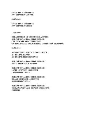 SMOG TECH INSTITUTE
2007 UPDATED COURSE
05-13-2009
SMOG TECH INSTITUTE
2009 UPDATE COURSE
12-26-2009
DEPARTMENT OF CONSUMER AFFAIRS
BUREAU OF AUTOMOTIVE REPAIR
CERTIFICATE OF COMPLETION
ON-LINE DIESEL SMOG CHECK INSPECTION TRAINING
06-30-2013
AUTOMOTIVE SERVICE EXCELLENCE
A-1 ENGINE REPAIR
A-8 ENGINE PERFORMANCE
BUREAU OF AUTOMOTIVE REPAIR
HAVE HELD SINCE 05-1980
BUREAU OF AUTOMOTIVE REPAIR
LAMP LICENSED ADJUSTER
LA00101948 CLASS A
BUREAU OF AUTOMOTIVE REPAIR
BRAKE LICENSED ADJUSTER
BA00101948 CLASS A
BUREAU OF AUTOMOTIVE REPAIR
TEST, INSPECT AND REPAIR EMISSIONS
EA101948
 