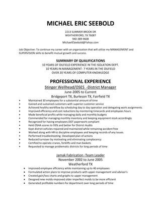 MICHAEL ERIC SEEBOLD
2213 SUMMER BROOK DR
WEATHERFORD, TX 76087
940-389-9608
MichaelESeebold@Yahoo.com
Job Objective: To continue my career with an organization that will utilize my MANAGEMENT and
SUPERVISION skills to benefit mutual growth and success.
SUMMARY OF QUALIFICATIONS
10 YEARS OF OILFIELD EXPERIENCE IN THE ISOLATION DEPT.
10 YEARS IN MANAGEMENT- 7 YEARS IN THE OILFIELD
OVER 20 YEARS OF COMPUTER KNOWLEDGE
PROFESSIONAL EXPERIENCE
Stinger Wellhead/OSES -District Manager
June-2005 to Current
Bridgeport TX, Burleson TX, Fairfield TX
• Maintained 30 employees for a substantial amount of time
• Gained and sustained customers with superior customer service
• Achieved healthy workflow by scheduling day to day operation and delegating work assignments
• Improved efficiency and cost reductions by monitoring timecards and employees hours
• Made beneficial profits while managing daily and monthly budgets
• Commended for managing monthly inventory and keeping equipment stock accordingly
• Recognized for having employees DOT paperwork compliant
• Held OSHA scores to 93% and better for District Audits
• Kept district vehicles repaired and maintained while remaining accident free
• Worked along with HR to discipline employees and keeping records of any issues.
• Performed troubleshooting- Developed plan of actions
• Reduced turnover by motivating and eliminating complacency
• Certified to operate cranes, forklifts and man baskets
• Requested to manage problematic districts for long periods of time
Jamak Fabrication -Team Leader
November 2002 to June 2005
Weatherford TX
 Improved employee efficiency while maintaining up to 40 employees
 Formulated action plans to improve products with upper management and advisor’s
 Created gain/loss charts and graphs to upper management
 Designed new molds-improved older imperfect molds to be more efficient
 Generated profitable numbers for department over long periods of time
 