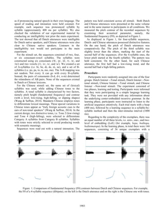 as if pronouncing natural speech in their own language. The
speed of reading and intonation were held constant. For
example, each sequence was pronounced syllable by
syllable (approximately 400 ms per syllable). We also
checked the validation of our experimental material by
conducting an intelligibility test prior the main experiment.
The test showed that all Dutch utterances were intelligible
for Dutch native speakers, and Chinese utterances were also
clear to Chinese native speakers. Listeners in the
intelligibility test would not participate in the main
experiment.
For the stimuli set, the sequences consisted of two, four,
or six consonant-vowel syllables. The syllables were
constructed using six consonants (/b/, /p/, /d/, /t/, /n/, and
/m/) and two vowels (/i/, /e/, /o/, and /a/). We created a set
of A-syllables (i.e. bi, be, di, de, ni, ne), and a set of B-
syllables (i.e. po, pa, to, ta, mo, ma). The A-B mapping was
not random. Not every A can go with every B-syllable.
Instead, the pairs of consonants (b-d, d-t, n-m) determined
the relatedness of AB pairs. None of the sequences existed
in Dutch or Chinese lexicons.
For the Chinese stimuli set, the same set of (lexical)
syllables was used, while adding Chinese tones to the
syllables. A tonal syllable is characterized by two factors,
namely pitch height (fundamental frequency) and contour
(with a level, low-rising, high-falling, or dipping shapes)
(Wang & Saffran, 2014). Mandarin Chinese employs tones
to differentiate lexical meanings. These special variations in
Chinese tones appear as “truly foreign acoustic cues to the
ears of non-tonal speakers” (Wang & Saffran, 2014). In the
current design, two distinctive tones, i.e. Tone 2 (low-rising)
and Tone 4 (high-falling), were selected to differentiate
Category A syllables from Category B syllables. Syllables
with tones were strictly selected to avoid producing words
with semantic meanings.
Sequences were read out with a natural intonation. The
pattern was held consistent across all stimuli. Both Dutch
and Chinese utterances were presented at the same volume
and in the same manner to participants in all conditions. We
measured the pitch contour of the recorded sequences by
examining their acoustical parameter, namely, the
fundamental frequency (F0), as depicted in Figure 1.
As displayed in Figure 1, for four-syllable sequences,
Dutch- and Chinese utterances possessed distinctive features.
On the one hand, the pitch of Dutch utterances was
comparatively flat. The pitch of the third syllable was
slightly lower than the others, marking the start of the
second half of the sequences. (For the 6-syllable ones, the
lower pitch started at the fourth syllable). The pattern was
held consistent. On the other hand, for each Chinese
utterance, the first half had a low-rising trend, and the
second half had a high-falling pattern.
Procedure
Participants were randomly assigned into one of the four
groups: Dutch listener --Tonal stimuli, Dutch listener --Non-
tonal stimuli, Chinese listener --Tonal stimuli, and Chinese
listener --Non-tonal stimuli. The experiment consisted of
two phases, learning and testing. Participants were informed
that they were participating in a simple language learning
task. They were not provided with any information about
the underlying center-embedded recursive grammar. In the
learning phase, participants were instructed to listen to the
artificial sequences attentively. Each trial starts with a beep
(400 ms), followed by a learning sequence in a syllable-by-
syllable method and then the inter-stimulus interval (1000
ms).
Regarding to the complexity of the exemplars, there was
an equal number of all three levels, i.e. zero-, one-, and two-
level of embedding (LoE) (for example, bepa, beditopa,
bedinimatopa). In the learning phase, in total there were 144
sequences, consisting of 36 unique exemplars with a
Figure 1. Comparison of fundamental frequency (F0) contours between Dutch and Chinese sequences. For example,
the F0 of a 4-syllable sequence (dibipata), on the left is the Dutch utterance and on the right is the Chinese one with tones.
1903
 