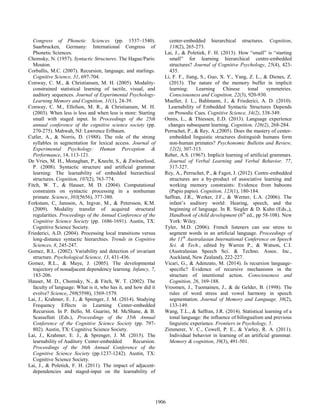 Congress of Phonetic Sciences (pp. 1537–1540).
Saarbrucken, Germany: International Congress of
Phonetic Sciences.
Chomsky, N. (1957). Syntactic Structures. The Hague/Paris:
Mouton.
Corballis, M.C. (2007). Recursion, language, and starlings.
Cognitive Science, 31, 697-704.
Conway, C. M., & Christiansen, M. H. (2005). Modality-
constrained statistical learning of tactile, visual, and
auditory sequences. Journal of Experimental Psychology-
Learning Memory and Cognition, 31(1), 24-39.
Conway, C. M., Ellefson, M. R., & Christiansen, M. H.
(2003). When less is less and when less is more: Starting
small with staged input. In Proceedings of the 25th
annual conference of the cognitive science society (pp.
270-275). Mahwah, NJ: Lawrence Erlbaum.
Cutler, A., & Norris, D. (1988). The role of the strong
syllables in segmentation for lexical access. Journal of
Experimental Psychology: Human Perception &
Performance, 14, 113-121.
De Vries, M. H., Monaghan, P., Knecht, S., & Zwitserlood,
P. (2008). Syntactic structure and artificial grammar
learning: The learnability of embedded hierarchical
structures. Cognition, 107(2), 763-774.
Fitch, W. T., & Hauser, M. D. (2004). Computational
constraints on syntactic processing in a nonhuman
primate. Science, 303(5656), 377-380.
Forkstam, C, Jansson, A, Ingvar, M., & Petersson, K.M.
(2009). Modality transfer of acquired structural
regularities. Proceedings of the Annual Conference of the
Cognitive Science Society (pp. 1686-1691). Austin, TX:
Cognitive Science Society.
Friederici, A.D. (2004). Processing local transitions versus
long-distance syntactic hierarchies. Trends in Cognitive
Sciences, 8, 245-247.
Gomez, R.L. (2002). Variability and detection of invariant
structure. Psychological Science, 13, 431-436.
Gomez, R.L., & Maye, J. (2005). The developmental
trajectory of nonadjacent dependency learning. Infancy, 7,
183-206.
Hauser, M. D., Chomsky, N., & Fitch, W. T. (2002). The
faculty of language: What is it, who has it, and how did it
evolve? Science, 298(5598), 1569-1579.
Lai, J., Krahmer, E. J., & Sprenger, J. M. (2014). Studying
Frequency Effects in Learning Center-embedded
Recursion. In P. Bello, M. Guarini, M. McShane, & B.
Scassellati (Eds.), Proceedings of the 35th Annual
Conference of the Cognitive Science Society (pp. 797-
802). Austin, TX: Cognitive Science Society.
Lai, J., Krahmer, E. J., & Sprenger, J. M. (2015). The
learnability of Auditory Center-embedded Recursion.
Proceedings of the 36th Annual Conference of the
Cognitive Science Society (pp.1237-1242). Austin, TX:
Cognitive Science Society.
Lai, J., & Poletiek, F. H. (2011). The impact of adjacent-
dependencies and staged-input on the learnability of
center-embedded hierarchical structures. Cognition,
118(2), 265-273.
Lai, J., & Poletiek, F. H. (2013). How “small” is “starting
small” for learning hierarchical centre-embedded
structures? Journal of Cognitive Psychology, 25(4), 423-
435.
Li, F. F., Jiang, S., Guo, X. Y., Yang, Z. L., & Dienes, Z.
(2013). The nature of the memory buffer in implicit
learning: Learning Chinese tonal symmetries.
Consciousness and Cognition, 22(3), 920-930.
Mueller, J. L., Bahlmann, J., & Friederici, A. D. (2010).
Learnability of Embedded Syntactic Structures Depends
on Prosodic Cues. Cognitive Science, 34(2), 338-349.
Onnis, L., & Thiessen, E.D. (2013). Language experience
changes subsequent learning. Cognition, 126(2), 268-284.
Perruchet, P., & Rey, A.,(2005). Does the mastery of center-
embedded linguistic structures distinguish humans form
non-human primates? Psychonomic Bulletin and Review,
12(2), 307-313.
Reber, A.S. (1967). Implicit learning of artificial grammars.
Journal of Verbal Learning and Verbal Behavior, 77,
317-327.
Rey, A., Perruchet, P., & Fagot, J. (2012). Centre-embedded
structures are a by-product of associative learning and
working memory constraints: Evidence from baboons
(Papio papio). Cognition, 123(1), 180-184.
Saffran, J.R., Werker, J.F., & Werner, L.A. (2006). The
infant’s auditory world: Hearing, speech, and the
beginning of language. In R. Siegler & D. Kuhn (Eds.,),
Handbook of child development (6th
ed., pp 58-108). New
York: Wiley.
Tyler, M.D. (2006). French listeners can use stress to
segment words in an artificial language. Proceedings of
the 11th
Australasian International Conference on Speech
Sci. & Tech., edited by Warren P., & Watson, C.I.
(Australasian Speech Sci. & Techno. Assoc. Inc.,
Auckland, New Zealand), 222-227.
Vicari, G., & Adenzato, M. (2014). Is recursion language-
specific? Evidence of recursive mechanisms in the
structure of intentional action. Consciousness and
Cognition, 26, 169-188.
Vroomen, J., Tuomainen, J., & de Gelder, B. (1998). The
rules of word stress and vowel harmony in speech
segmentation. Journal of Memory and Language, 38(2),
133-149.
Wang, T.L., & Saffran, J.R. (2014). Statistical learning of a
tonal language: the influence of bilingualism and previous
linguistic experience. Frontiers in Psychology, 5.
Zimmerer, V. C., Cowell, P. E., & Varley, R. A. (2011).
Individual behavior in learning of an artificial grammar.
Memory & cognition, 39(3), 491-501.
1906
 