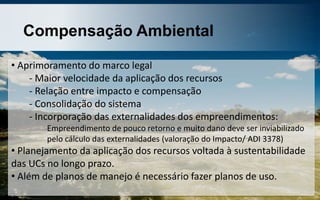 Compensação Ambiental
• Aprimoramento do marco legal
- Maior velocidade da aplicação dos recursos
- Relação entre impacto e compensação
- Consolidação do sistema
- Incorporação das externalidades dos empreendimentos:
Empreendimento de pouco retorno e muito dano deve ser inviabilizado
pelo cálculo das externalidades (valoração do Impacto/ ADI 3378)
• Planejamento da aplicação dos recursos voltada à sustentabilidade
das UCs no longo prazo.
• Além de planos de manejo é necessário fazer planos de uso.
 