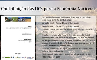 • Concessões florestais de flonas e Floes tem potencial de
gerar entre 1,2 e 2,2 bilhões anuais
• Borracha em 11 Resex: 16,5 milhões anuais
• Castanha em 17 Resex: 39,2 milhões anuais
• Visitação dos 67 parques nacionais: Potencial de 1,6 a 1,8
bilhão por ano
• Criação e manutenção das UCs impediu emissão de 2,8
bilhões de ton de Carbono, equivalente a 96 bilhÕes de reais
• 9% da água para consumo humano é captada nas Ucs, 26% é
captado à jusante de Ucs, 4% da água usada na agricultura é
captada dentro ou à jusante de UCs
• Custo de tratamento de água é menor em mananciais com
maior cobertura florestal
• ICMS ecológico repassado aos municípios com Ucs somou
402 milhões em 2009
Contribuição das UCs para a Economia Nacional
 