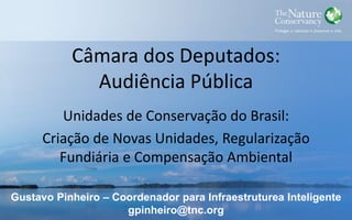 Câmara dos Deputados:
Audiência Pública
Unidades de Conservação do Brasil:
Criação de Novas Unidades, Regularização
Fundiária e Compensação Ambiental
Gustavo Pinheiro – Coordenador para Infraestruturea Inteligente
gpinheiro@tnc.org
 