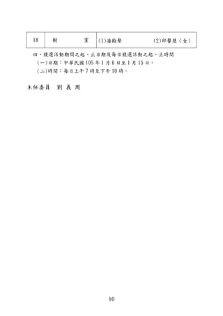 10
18 樹 黨 (1)潘翰聲 (2)邱馨慧（女）
四、競選活動期間之起、止日期及每日競選活動之起、止時間
(一)日期：中華民國 105 年 1 月 6 日至 1 月 15 日。
(二)時間：每日上午 7 時至下午 10 時。
主任委員 劉 義 周
 