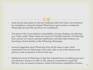 • Some special data-plans by telecom companies (like DoCoMo), advertisement
by smartphone companies helped WhatsApp to gain market, so indirectly
WhatsApp has been the top driver for smartphone.
• The features like Cross platform compatibility ,Groups chatting, easy Sharing
(e.g. Video, audio, Photo, Status etc.) and User Friendly Interface of WhatsApp
have earned very much customer satisfaction, and these three features are
becoming a brand identity of the WhatsApp Messenger.
• General suggestion about WhatsApp from all the users is same. Most
respondent who use WhatsApp want video calls as one of the features and
privacy is also on priority of most of the user.
• Satisfaction level of WhatsApp is high but it should focus on adding some new
and attractive features in order to stay ahead in competition as apps like
WeChat, Line are ahead in features, which will increase competition in future.
32
 