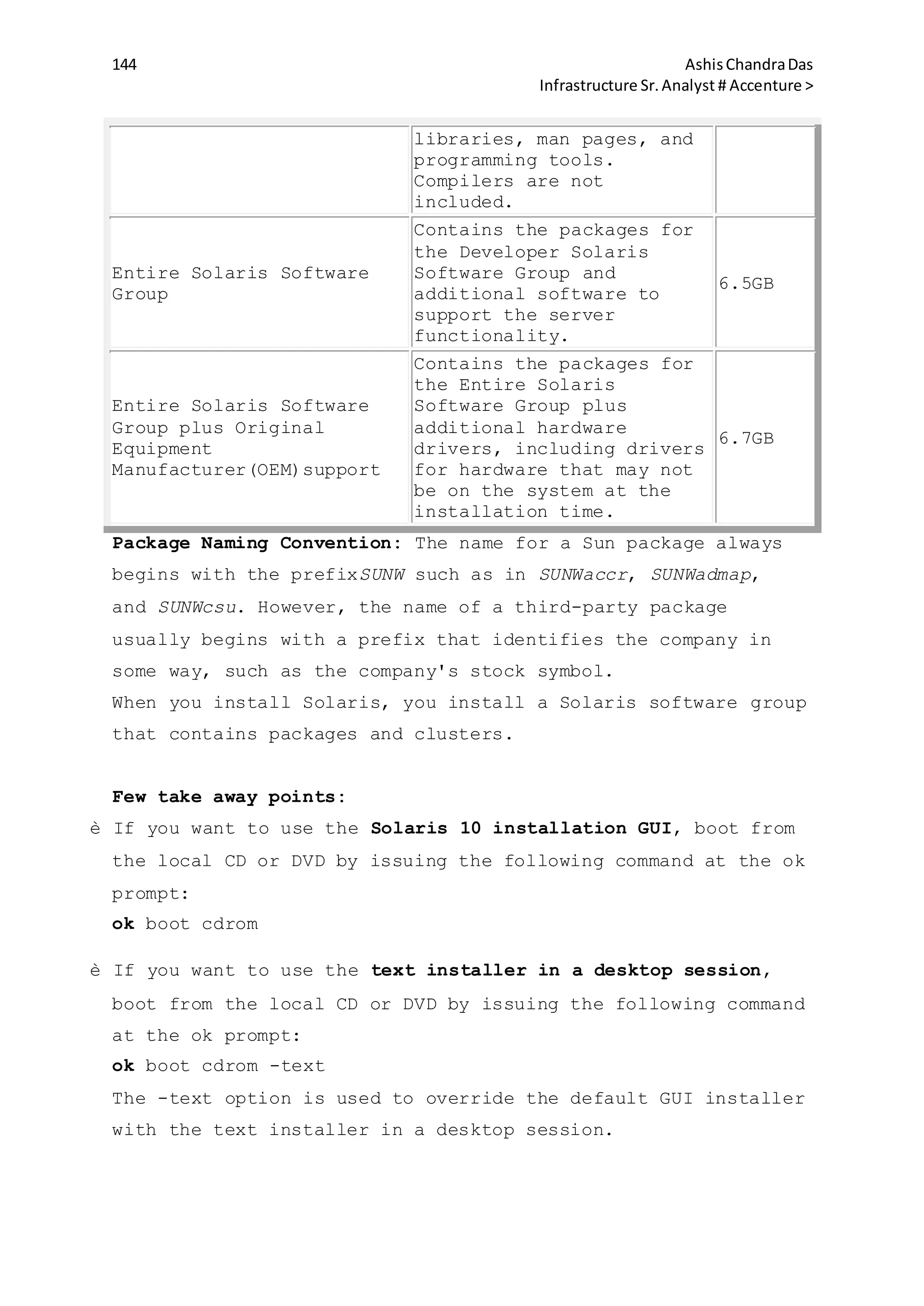 144 AshisChandraDas
Infrastructure Sr.Analyst # Accenture >
libraries, man pages, and
programming tools.
Compilers are not
included.
Entire Solaris Software
Group
Contains the packages for
the Developer Solaris
Software Group and
additional software to
support the server
functionality.
6.5GB
Entire Solaris Software
Group plus Original
Equipment
Manufacturer(OEM)support
Contains the packages for
the Entire Solaris
Software Group plus
additional hardware
drivers, including drivers
for hardware that may not
be on the system at the
installation time.
6.7GB
Package Naming Convention: The name for a Sun package always
begins with the prefixSUNW such as in SUNWaccr, SUNWadmap,
and SUNWcsu. However, the name of a third-party package
usually begins with a prefix that identifies the company in
some way, such as the company's stock symbol.
When you install Solaris, you install a Solaris software group
that contains packages and clusters.
Few take away points:
è If you want to use the Solaris 10 installation GUI, boot from
the local CD or DVD by issuing the following command at the ok
prompt:
ok boot cdrom
è If you want to use the text installer in a desktop session,
boot from the local CD or DVD by issuing the following command
at the ok prompt:
ok boot cdrom -text
The -text option is used to override the default GUI installer
with the text installer in a desktop session.
 