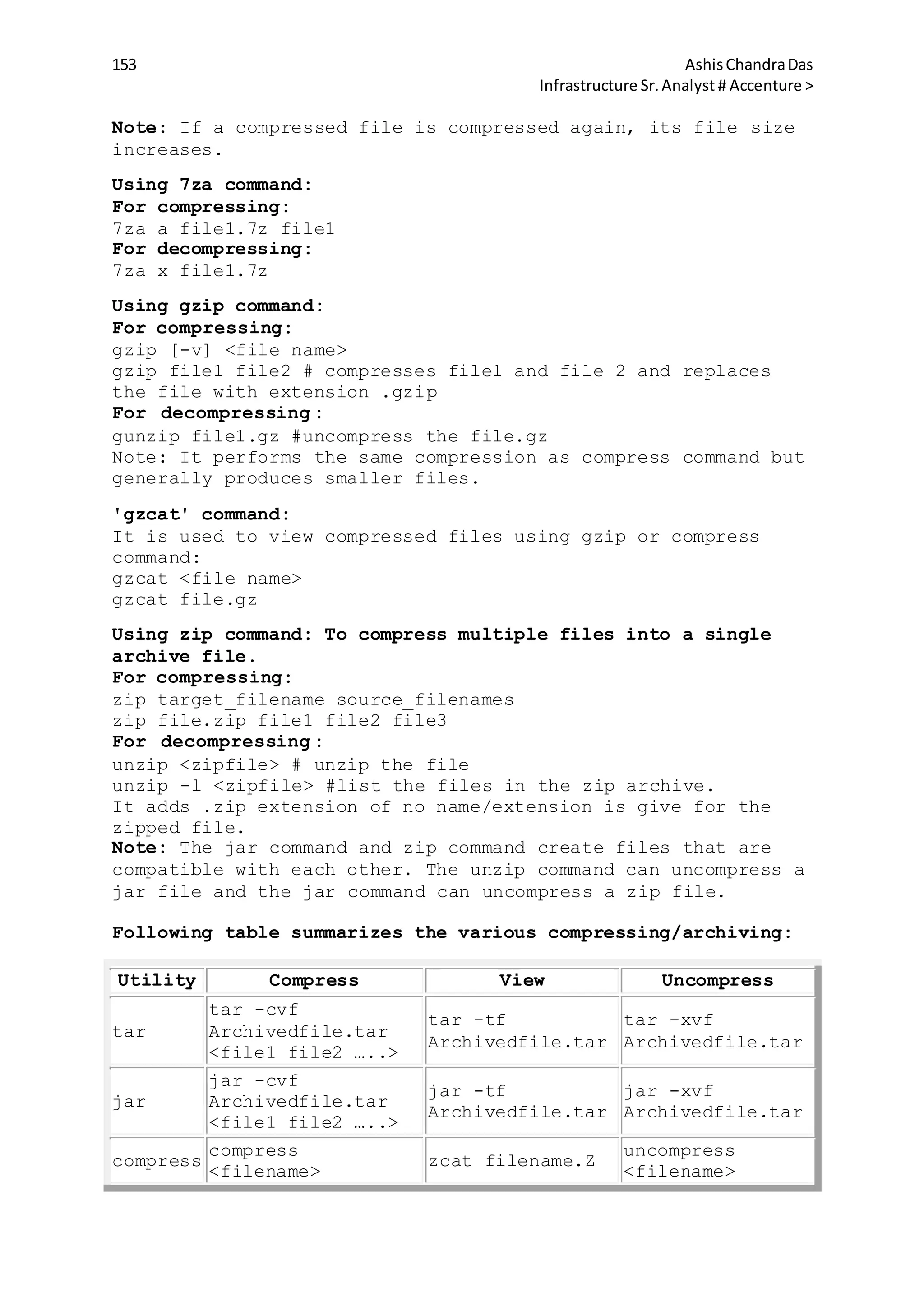 153 AshisChandraDas
Infrastructure Sr.Analyst # Accenture >
Note: If a compressed file is compressed again, its file size
increases.
Using 7za command:
For compressing:
7za a file1.7z file1
For decompressing:
7za x file1.7z
Using gzip command:
For compressing:
gzip [-v] <file name>
gzip file1 file2 # compresses file1 and file 2 and replaces
the file with extension .gzip
For decompressing :
gunzip file1.gz #uncompress the file.gz
Note: It performs the same compression as compress command but
generally produces smaller files.
'gzcat' command:
It is used to view compressed files using gzip or compress
command:
gzcat <file name>
gzcat file.gz
Using zip command: To compress multiple files into a single
archive file.
For compressing:
zip target_filename source_filenames
zip file.zip file1 file2 file3
For decompressing :
unzip <zipfile> # unzip the file
unzip -l <zipfile> #list the files in the zip archive.
It adds .zip extension of no name/extension is give for the
zipped file.
Note: The jar command and zip command create files that are
compatible with each other. The unzip command can uncompress a
jar file and the jar command can uncompress a zip file.
Following table summarizes the various compressing/archiving:
Utility Compress View Uncompress
tar
tar -cvf
Archivedfile.tar
<file1 file2 …..>
tar -tf
Archivedfile.tar
tar -xvf
Archivedfile.tar
jar
jar -cvf
Archivedfile.tar
<file1 file2 …..>
jar -tf
Archivedfile.tar
jar -xvf
Archivedfile.tar
compress
compress
<filename>
zcat filename.Z
uncompress
<filename>
 