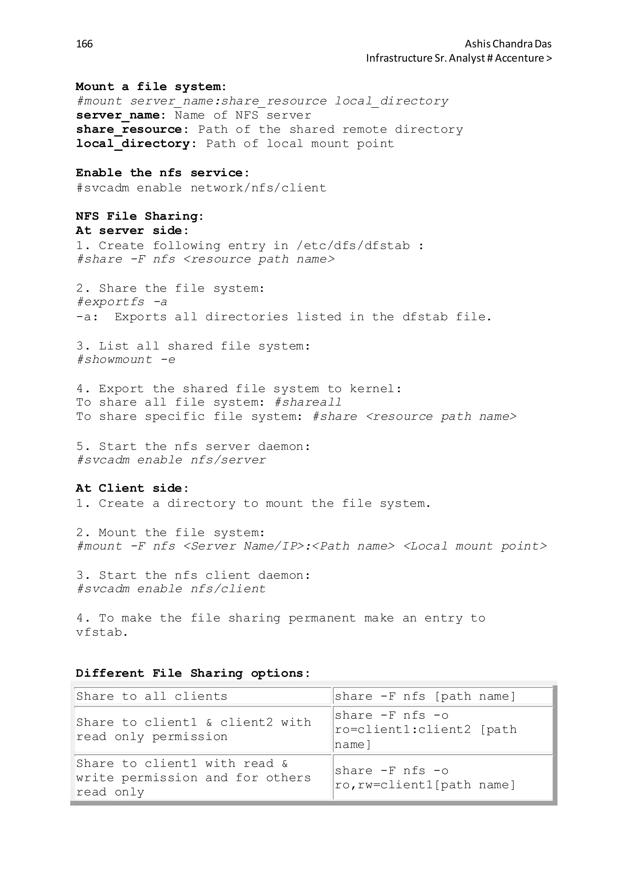 166 AshisChandraDas
Infrastructure Sr.Analyst # Accenture >
Mount a file system:
#mount server_name:share_resource local_directory
server_name: Name of NFS server
share_resource: Path of the shared remote directory
local_directory: Path of local mount point
Enable the nfs service:
#svcadm enable network/nfs/client
NFS File Sharing:
At server side:
1. Create following entry in /etc/dfs/dfstab :
#share -F nfs <resource path name>
2. Share the file system:
#exportfs -a
-a: Exports all directories listed in the dfstab file.
3. List all shared file system:
#showmount -e
4. Export the shared file system to kernel:
To share all file system: #shareall
To share specific file system: #share <resource path name>
5. Start the nfs server daemon:
#svcadm enable nfs/server
At Client side:
1. Create a directory to mount the file system.
2. Mount the file system:
#mount -F nfs <Server Name/IP>:<Path name> <Local mount point>
3. Start the nfs client daemon:
#svcadm enable nfs/client
4. To make the file sharing permanent make an entry to
vfstab.
Different File Sharing options:
Share to all clients share -F nfs [path name]
Share to client1 & client2 with
read only permission
share -F nfs -o
ro=client1:client2 [path
name]
Share to client1 with read &
write permission and for others
read only
share -F nfs -o
ro,rw=client1[path name]
 