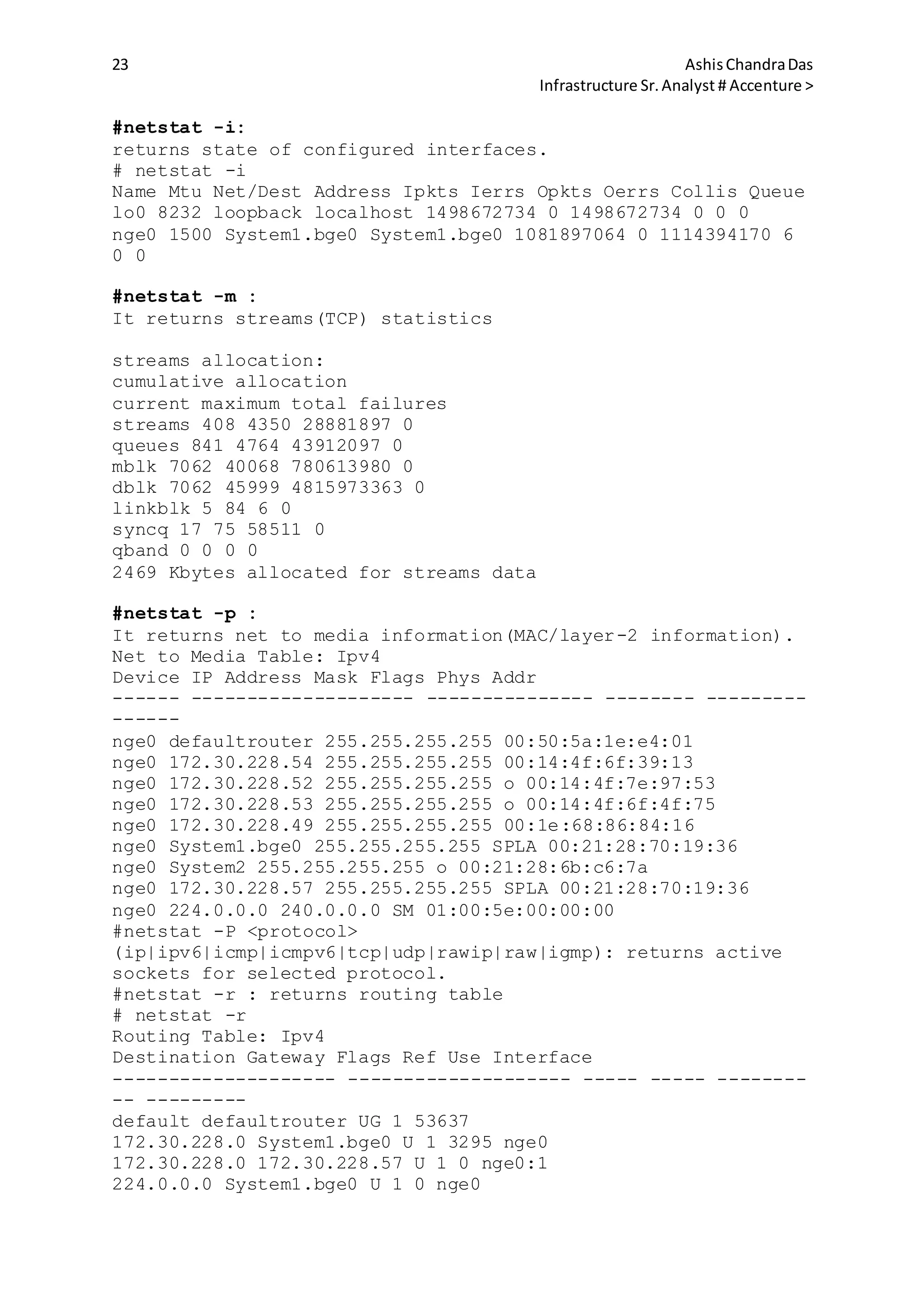 23 AshisChandraDas
Infrastructure Sr.Analyst # Accenture >
#netstat -i:
returns state of configured interfaces.
# netstat -i
Name Mtu Net/Dest Address Ipkts Ierrs Opkts Oerrs Collis Queue
lo0 8232 loopback localhost 1498672734 0 1498672734 0 0 0
nge0 1500 System1.bge0 System1.bge0 1081897064 0 1114394170 6
0 0
#netstat -m :
It returns streams(TCP) statistics
streams allocation:
cumulative allocation
current maximum total failures
streams 408 4350 28881897 0
queues 841 4764 43912097 0
mblk 7062 40068 780613980 0
dblk 7062 45999 4815973363 0
linkblk 5 84 6 0
syncq 17 75 58511 0
qband 0 0 0 0
2469 Kbytes allocated for streams data
#netstat -p :
It returns net to media information(MAC/layer-2 information).
Net to Media Table: Ipv4
Device IP Address Mask Flags Phys Addr
------ -------------------- --------------- -------- ---------
------
nge0 defaultrouter 255.255.255.255 00:50:5a:1e:e4:01
nge0 172.30.228.54 255.255.255.255 00:14:4f:6f:39:13
nge0 172.30.228.52 255.255.255.255 o 00:14:4f:7e:97:53
nge0 172.30.228.53 255.255.255.255 o 00:14:4f:6f:4f:75
nge0 172.30.228.49 255.255.255.255 00:1e:68:86:84:16
nge0 System1.bge0 255.255.255.255 SPLA 00:21:28:70:19:36
nge0 System2 255.255.255.255 o 00:21:28:6b:c6:7a
nge0 172.30.228.57 255.255.255.255 SPLA 00:21:28:70:19:36
nge0 224.0.0.0 240.0.0.0 SM 01:00:5e:00:00:00
#netstat -P <protocol>
(ip|ipv6|icmp|icmpv6|tcp|udp|rawip|raw|igmp): returns active
sockets for selected protocol.
#netstat -r : returns routing table
# netstat -r
Routing Table: Ipv4
Destination Gateway Flags Ref Use Interface
-------------------- -------------------- ----- ----- --------
-- ---------
default defaultrouter UG 1 53637
172.30.228.0 System1.bge0 U 1 3295 nge0
172.30.228.0 172.30.228.57 U 1 0 nge0:1
224.0.0.0 System1.bge0 U 1 0 nge0
 