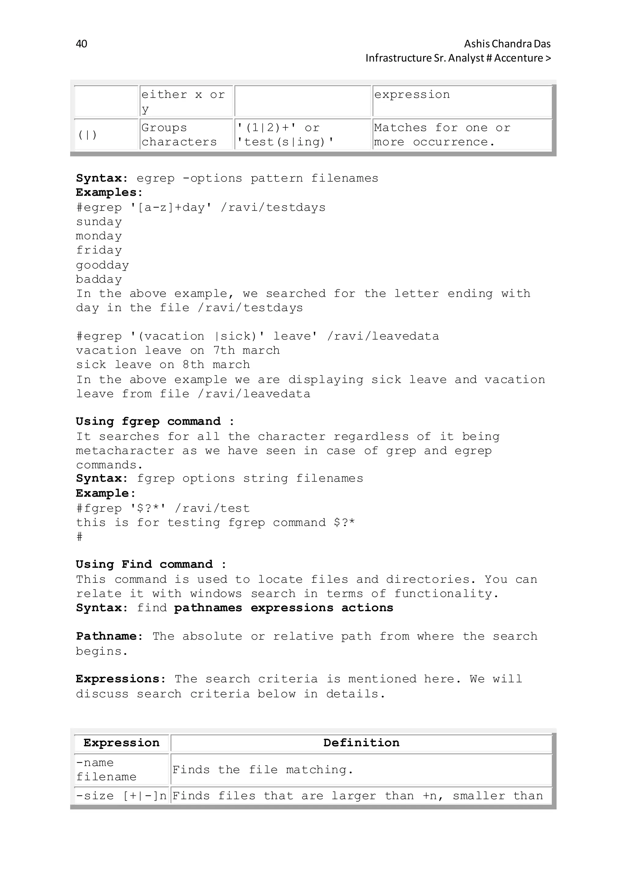 40 AshisChandraDas
Infrastructure Sr.Analyst # Accenture >
either x or
y
expression
(|)
Groups
characters
'(1|2)+' or
'test(s|ing)'
Matches for one or
more occurrence.
Syntax: egrep -options pattern filenames
Examples:
#egrep '[a-z]+day' /ravi/testdays
sunday
monday
friday
goodday
badday
In the above example, we searched for the letter ending with
day in the file /ravi/testdays
#egrep '(vacation |sick)' leave' /ravi/leavedata
vacation leave on 7th march
sick leave on 8th march
In the above example we are displaying sick leave and vacation
leave from file /ravi/leavedata
Using fgrep command :
It searches for all the character regardless of it being
metacharacter as we have seen in case of grep and egrep
commands.
Syntax: fgrep options string filenames
Example:
#fgrep '$?*' /ravi/test
this is for testing fgrep command $?*
#
Using Find command :
This command is used to locate files and directories. You can
relate it with windows search in terms of functionality.
Syntax: find pathnames expressions actions
Pathname: The absolute or relative path from where the search
begins.
Expressions: The search criteria is mentioned here. We will
discuss search criteria below in details.
Expression Definition
-name
filename
Finds the file matching.
-size [+|-]n Finds files that are larger than +n, smaller than
 