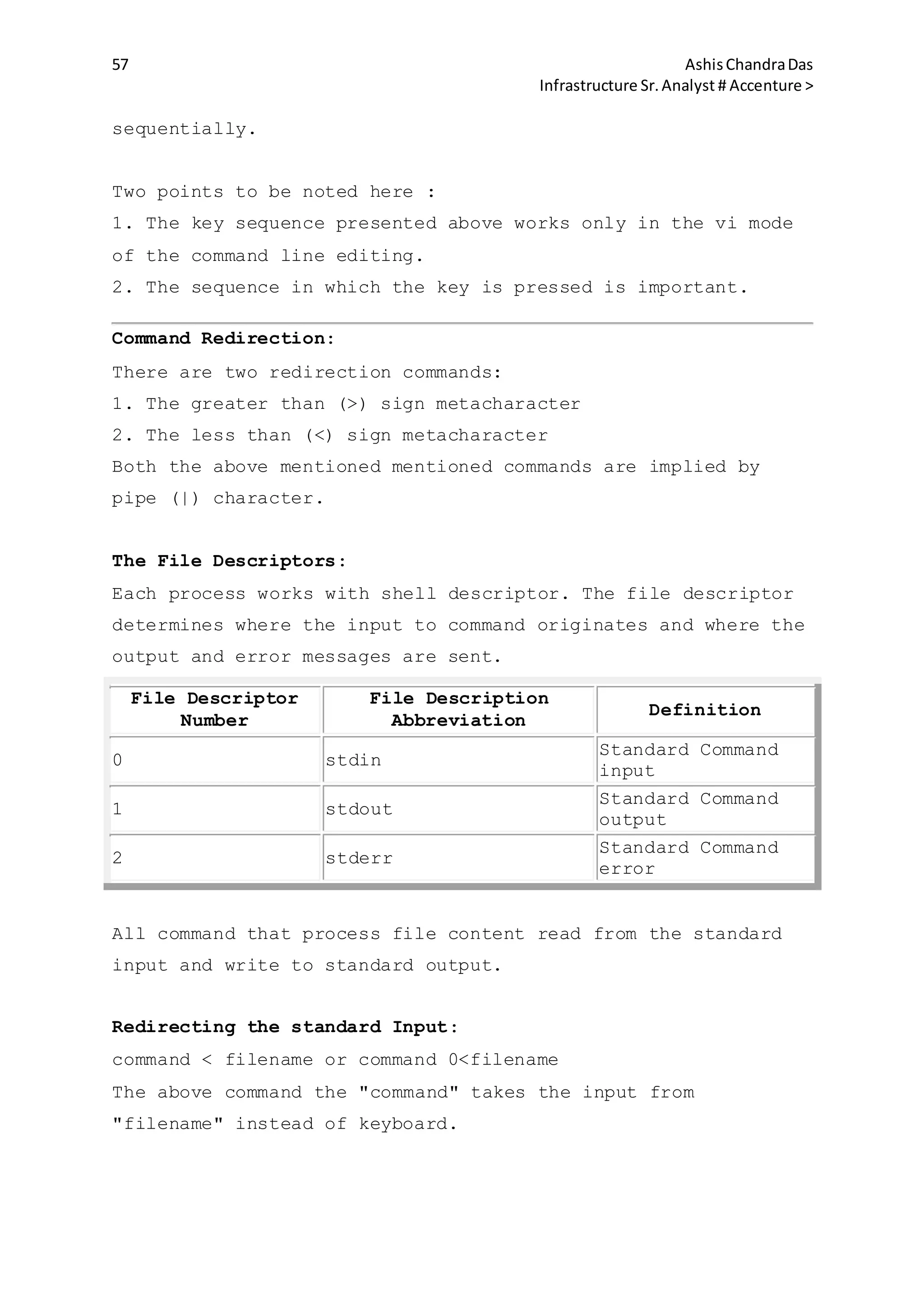 57 AshisChandraDas
Infrastructure Sr.Analyst # Accenture >
sequentially.
Two points to be noted here :
1. The key sequence presented above works only in the vi mode
of the command line editing.
2. The sequence in which the key is pressed is important.
Command Redirection:
There are two redirection commands:
1. The greater than (>) sign metacharacter
2. The less than (<) sign metacharacter
Both the above mentioned mentioned commands are implied by
pipe (|) character.
The File Descriptors:
Each process works with shell descriptor. The file descriptor
determines where the input to command originates and where the
output and error messages are sent.
File Descriptor
Number
File Description
Abbreviation
Definition
0 stdin
Standard Command
input
1 stdout
Standard Command
output
2 stderr
Standard Command
error
All command that process file content read from the standard
input and write to standard output.
Redirecting the standard Input:
command < filename or command 0<filename
The above command the "command" takes the input from
"filename" instead of keyboard.
 