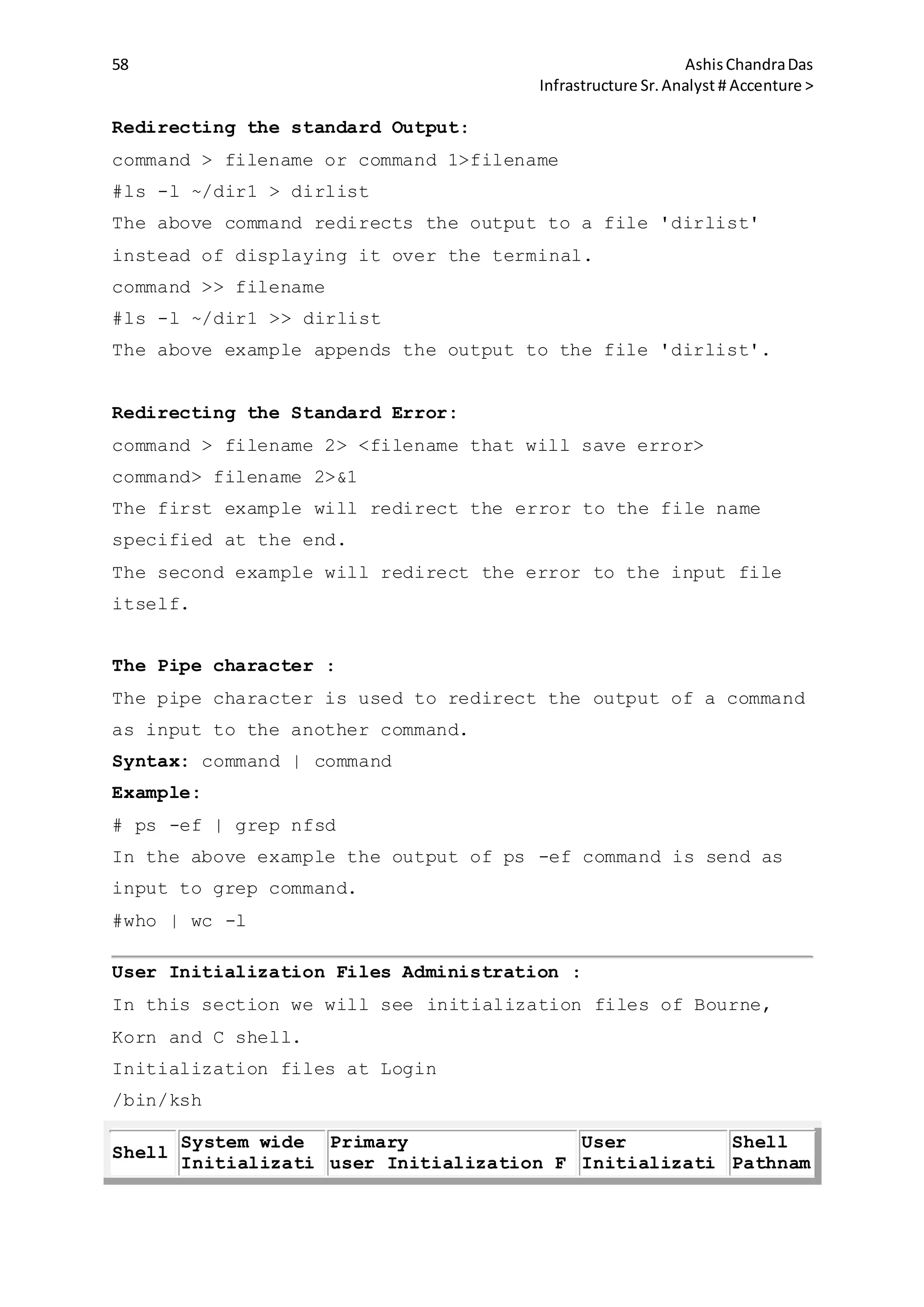 58 AshisChandraDas
Infrastructure Sr.Analyst # Accenture >
Redirecting the standard Output:
command > filename or command 1>filename
#ls -l ~/dir1 > dirlist
The above command redirects the output to a file 'dirlist'
instead of displaying it over the terminal.
command >> filename
#ls -l ~/dir1 >> dirlist
The above example appends the output to the file 'dirlist'.
Redirecting the Standard Error:
command > filename 2> <filename that will save error>
command> filename 2>&1
The first example will redirect the error to the file name
specified at the end.
The second example will redirect the error to the input file
itself.
The Pipe character :
The pipe character is used to redirect the output of a command
as input to the another command.
Syntax: command | command
Example:
# ps -ef | grep nfsd
In the above example the output of ps -ef command is send as
input to grep command.
#who | wc -l
User Initialization Files Administration :
In this section we will see initialization files of Bourne,
Korn and C shell.
Initialization files at Login
/bin/ksh
Shell
System wide
Initializati
Primary
user Initialization F
User
Initializati
Shell
Pathnam
 
