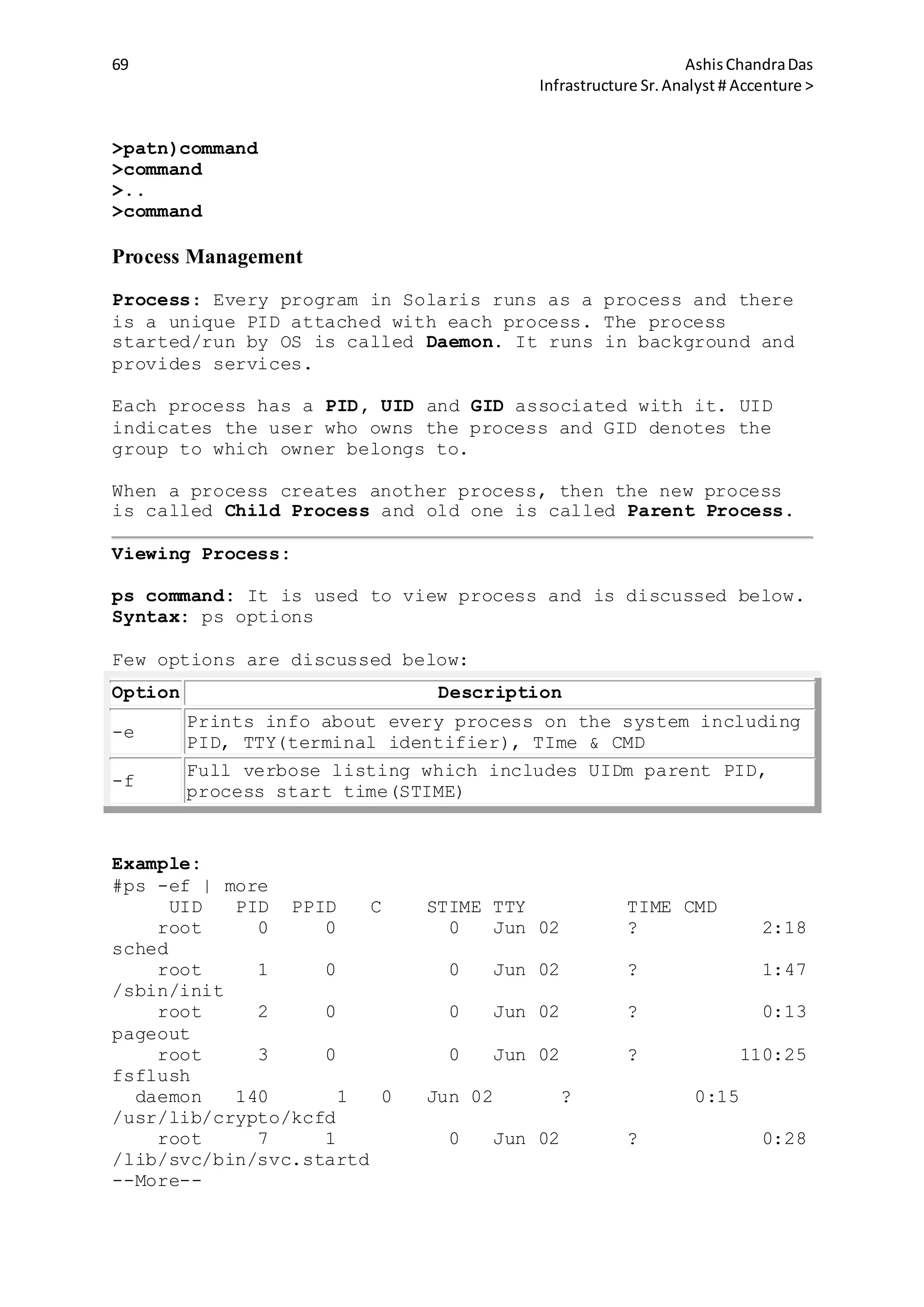 69 AshisChandraDas
Infrastructure Sr.Analyst # Accenture >
>patn)command
>command
>..
>command
Process Management
Process: Every program in Solaris runs as a process and there
is a unique PID attached with each process. The process
started/run by OS is called Daemon. It runs in background and
provides services.
Each process has a PID, UID and GID associated with it. UID
indicates the user who owns the process and GID denotes the
group to which owner belongs to.
When a process creates another process, then the new process
is called Child Process and old one is called Parent Process.
Viewing Process:
ps command: It is used to view process and is discussed below.
Syntax: ps options
Few options are discussed below:
Option Description
-e
Prints info about every process on the system including
PID, TTY(terminal identifier), TIme & CMD
-f
Full verbose listing which includes UIDm parent PID,
process start time(STIME)
Example:
#ps -ef | more
UID PID PPID C STIME TTY TIME CMD
root 0 0 0 Jun 02 ? 2:18
sched
root 1 0 0 Jun 02 ? 1:47
/sbin/init
root 2 0 0 Jun 02 ? 0:13
pageout
root 3 0 0 Jun 02 ? 110:25
fsflush
daemon 140 1 0 Jun 02 ? 0:15
/usr/lib/crypto/kcfd
root 7 1 0 Jun 02 ? 0:28
/lib/svc/bin/svc.startd
--More--
 
