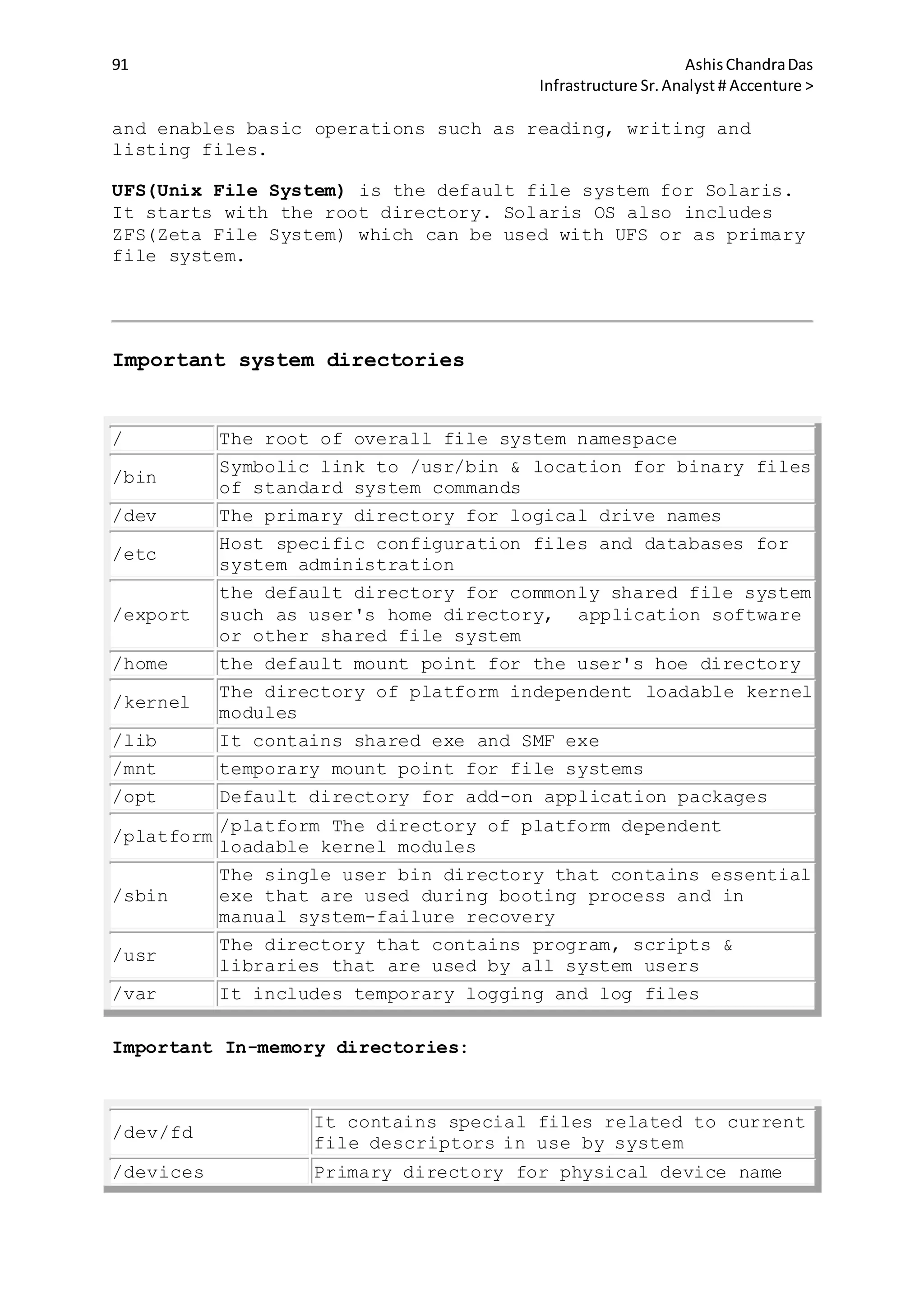 91 AshisChandraDas
Infrastructure Sr.Analyst # Accenture >
and enables basic operations such as reading, writing and
listing files.
UFS(Unix File System) is the default file system for Solaris.
It starts with the root directory. Solaris OS also includes
ZFS(Zeta File System) which can be used with UFS or as primary
file system.
Important system directories
/ The root of overall file system namespace
/bin
Symbolic link to /usr/bin & location for binary files
of standard system commands
/dev The primary directory for logical drive names
/etc
Host specific configuration files and databases for
system administration
/export
the default directory for commonly shared file system
such as user's home directory, application software
or other shared file system
/home the default mount point for the user's hoe directory
/kernel
The directory of platform independent loadable kernel
modules
/lib It contains shared exe and SMF exe
/mnt temporary mount point for file systems
/opt Default directory for add-on application packages
/platform
/platform The directory of platform dependent
loadable kernel modules
/sbin
The single user bin directory that contains essential
exe that are used during booting process and in
manual system-failure recovery
/usr
The directory that contains program, scripts &
libraries that are used by all system users
/var It includes temporary logging and log files
Important In-memory directories:
/dev/fd
It contains special files related to current
file descriptors in use by system
/devices Primary directory for physical device name
 