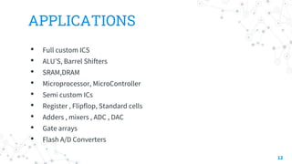 APPLICATIONS
• Full custom ICS
• ALU’S, Barrel Shifters
• SRAM,DRAM
• Microprocessor, MicroController
• Semi custom ICs
• Register , Flipflop, Standard cells
• Adders , mixers , ADC , DAC
• Gate arrays
• Flash A/D Converters
12
 