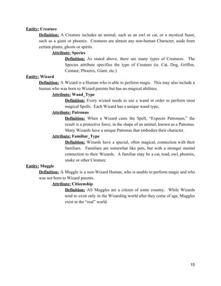 Entity:​ Creature
Definition: ​A Creature includes an animal, such as an owl or cat, or a mystical beast,
such as a giant or phoenix. Creatures are almost any non-human Character, aside from
certain plants, ghosts or spirits.
Attribute:​ Species
Definition: ​As stated above, there are many types of Creatures. The
Species attribute specifies the type of Creature (ie. Cat, Dog, Griffon,
Centaur, Phoenix, Giant, etc.)
Entity:​ Wizard
Definition: ​A Wizard is a Human who is able to perform magic. This may also include a
human who was born to Wizard parents but has no magical abilities.
Attribute:​ Wand_Type
Definition: ​Every wizard needs to use a wand in order to perform most
magical Spells. Each Wizard has a unique wand type,
Attribute:​ Patronus
Definition: ​When a Wizard casts the Spell, “Expecto Patronum,” the
result is a protective force, in the shape of an animal, known as a Patronus.
Many Wizards have a unique Patronus that embodies their character.
Attribute:​ Familiar_Type
Definition: ​Wizards have a special, often magical, connection with their
familiars. Familiars are somewhat like pets, but with a stronger mental
connection to their Wizards. A familiar may be a cat, toad, owl, phoenix,
snake or other Creature.
Entity:​ Muggle
Definition: ​A Muggle is a non-Wizard Human, who is unable to perform magic and who
was not born to Wizard parents.
Attribute:​ Citizenship
Definition: ​All Muggles are a citizen of some country. While Wizards
tend to exist only in the Wizarding world after they come of age, Muggles
exist in the “real” world.
15
 