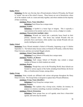 Entity:​ House
Definition: ​On the very first day that a Wizard attends a School of Wizardry, the Wizard
is “sorted” into one of the school’s houses. These houses are sort of dormitories, where
all of the students work as a team and study together, and where students do the majority
of their socializing.
Attribute:​ House_Name (identifier)
Definition:​ ​Each House has a unique name.
Attribute:​ Symbol
Definition: ​A Symbol is a house logo or insignia. This is typically a
representation of an animal, such as a lion, a raven, a badger or a snake.
Attribute:​ Characteristic (multiple value)
Definition: ​Wizards are sorted into a particular house based on their
primary character traits. One house may include Wizards who are
primarily brave and honest, while another may include Wizards who are
mostly intelligence and crafty.
Entity:​ School
Definition: ​Every Wizard attended a School of Wizardry, beginning at age 11 (before
September 1). The School entity focuses solely on Schools of Wizardry, within the Harry
Potter Universe, and does not include Muggle schools.
Attribute:​ School_Name (identifier)
Definition:​ ​Every School of Wizardry has a unique name.
Attribute:​ Number_of_Houses
Definition: ​Each unique School of Wizardry may contain a unique
number of Houses in which students are sorted.
Attribute:​ Region
Definition: Though they exist in the Wizarding World, these Schools are
located in various regions of the Earth, including Great Britain, the Soviet
Bloc, or Southwestern Europe, among others.
Entity:​ Group
Definition: ​Some wizards are affiliated with various sub-groups throughout the Harry
Potter Universe. The Group Entity is designed to capture these Wizard affiliations.
Attribute:​ Group_Name (identifier)
Definition:​ ​Every Group has a unique name.
Attribute:​ Purpose
Definition: ​This explains why a Group exists, whether, for instance, its
purpose is to destroy something, to protect something or to govern.
Attribute:​ Ethical_Orientation
Definition: ​Some groups have an evil agenda, some have a benevolent
agenda, and some may be neutral.
16
 
