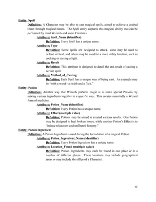 Entity:​ Spell
Definition: ​A Character may be able to cast magical spells, aimed to achieve a desired
result through magical means. The Spell entity captures this magical ability that can be
performed by most Wizards and some Creatures.
Attribute:​ Spell_Name (identifier)
Definition:​ ​Every Spell has a unique name.
Attribute:​ Type
Definition: ​Some spells are designed to attack, some may be used to
defend or heal, and others may be used for a more utility function, such as
cooking or casting a light.
Attribute:​ Result
Definition: ​This attribute is designed to detail the end result of casting a
certain spell.
Attribute:​ Method_of_Casting
Definition: ​Each Spell has a unique way of being cast. An example may
be “with a wand - a swish and a flick.”
Entity:​ Potion
Definition: ​Another way that Wizards perform magic is to make special Potions, by
mixing various ingredients together in a specific way. This creates essentially a Wizard
form of medicine.
Attribute:​ Potion_Name (identifier)
Definition:​ ​Every Potion has a unique name.
Attribute:​ Effect (multiple value)
Definition: ​Potions may be aimed at created various results. One Potion
may be designed to heal broken bones, while another Potion’s Effect is to
“induce relaxation and unfiltered honesty.”
Entity:​ Potion Ingredient
Definition:​ ​A Potion Ingredient is used during the formulation of a magical Potion.
Attribute:​ Potion_Ingredient_Name (identifier)
Definition:​ ​Every Potion Ingredient has a unique name.
Attribute:​ Location_Found (multiple value)
Definition: ​Potion Ingredients may each be found in one place or in a
number of different places. These locations may include geographical
areas or may include the office of a Character.
17
 