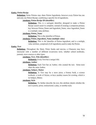 Entity:​ Potion Recipe
Definition: ​Some Potions may share Potion Ingredients, however every Potion has one
and only one Potion Recipe, combining a specific list of ingredients.
Attribute:​ Potion Recipe ID (identifier)
Definition: ​This is a surrogate identifier, designed to make a Potion
Recipe search easier to complete, instead of creating a composite primary
key between Potion_Name and Ingredient_Name, since Ingredient_Name
is a multiple value attribute.
Attribute:​ Potion_Name
Definition:​ ​This is the identifier of Potion.
Attribute:​ Potion_Ingredient_Name (multiple value)
Definition: ​This is the identifier of Potion Ingredient, and is a multiple
value attribute, comprised of all ingredients used to make the Potion.
Entity:​ Text
Definition: ​Throughout the Harry Potter books and movies, a Character may have
interacted with a number of different in-universe texts, whether school textbooks,
journals, news sources or other types.
Attribute:​ Text_Title (identifier)
Definition:​ ​Every Text has a unique title.
Attribute:​ Author
Definition: ​Each Text has an Author, who created the text. Some texts
share the same Author.
Attribute:​ Subject_Matter
Definition: ​A Text may be a news piece, a history book, a science
textbook, a work of fiction, or have another reason for existing, which is
its Subject_Matter.
Attribute:​ Style
Definition: ​To further describe the text, this attribute details whether the
text is poetry, prose, instructional, a play, or another style.
18
 